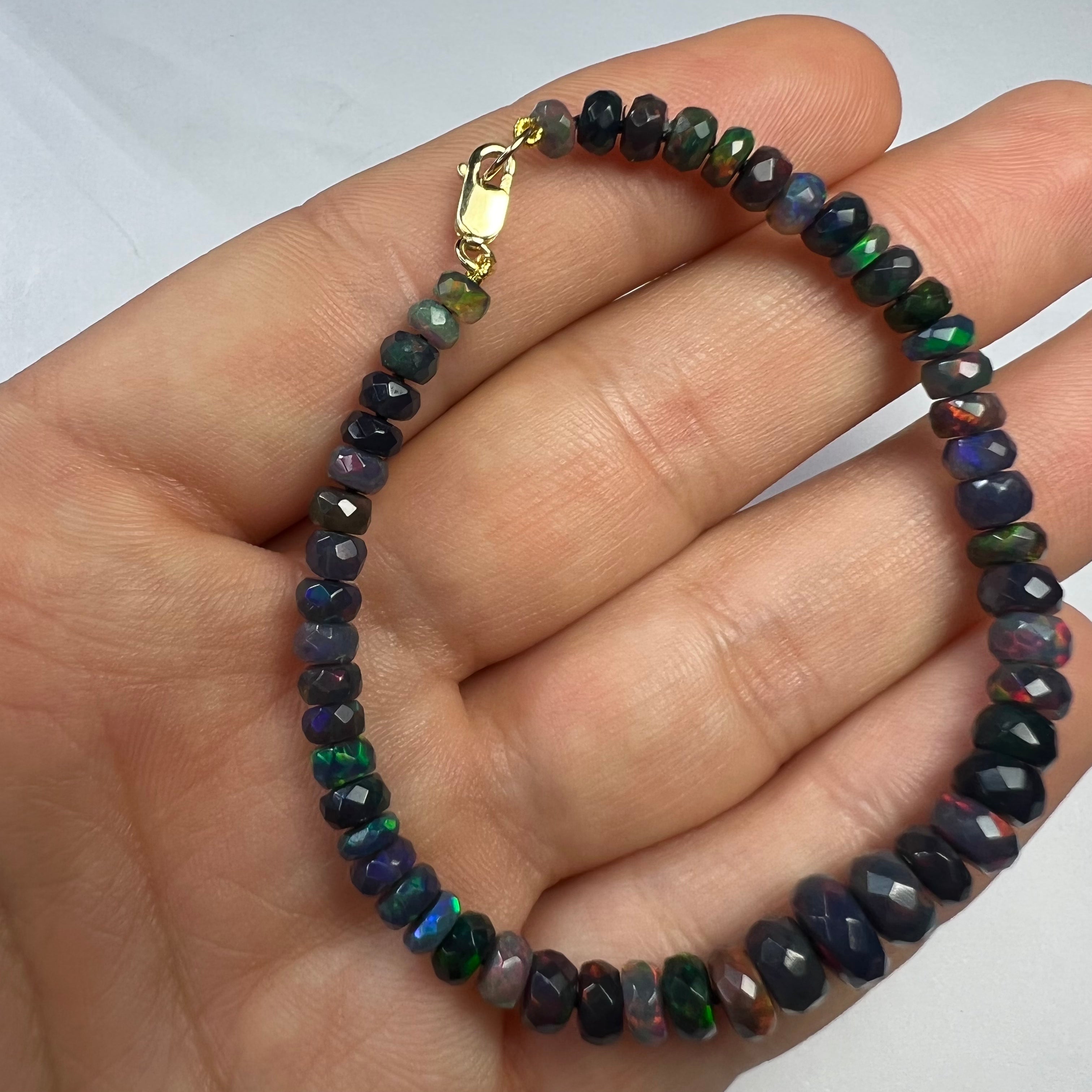 14K Yellow Gold Clasp Black Colorful Beaded Opal Bracelet 6.5"