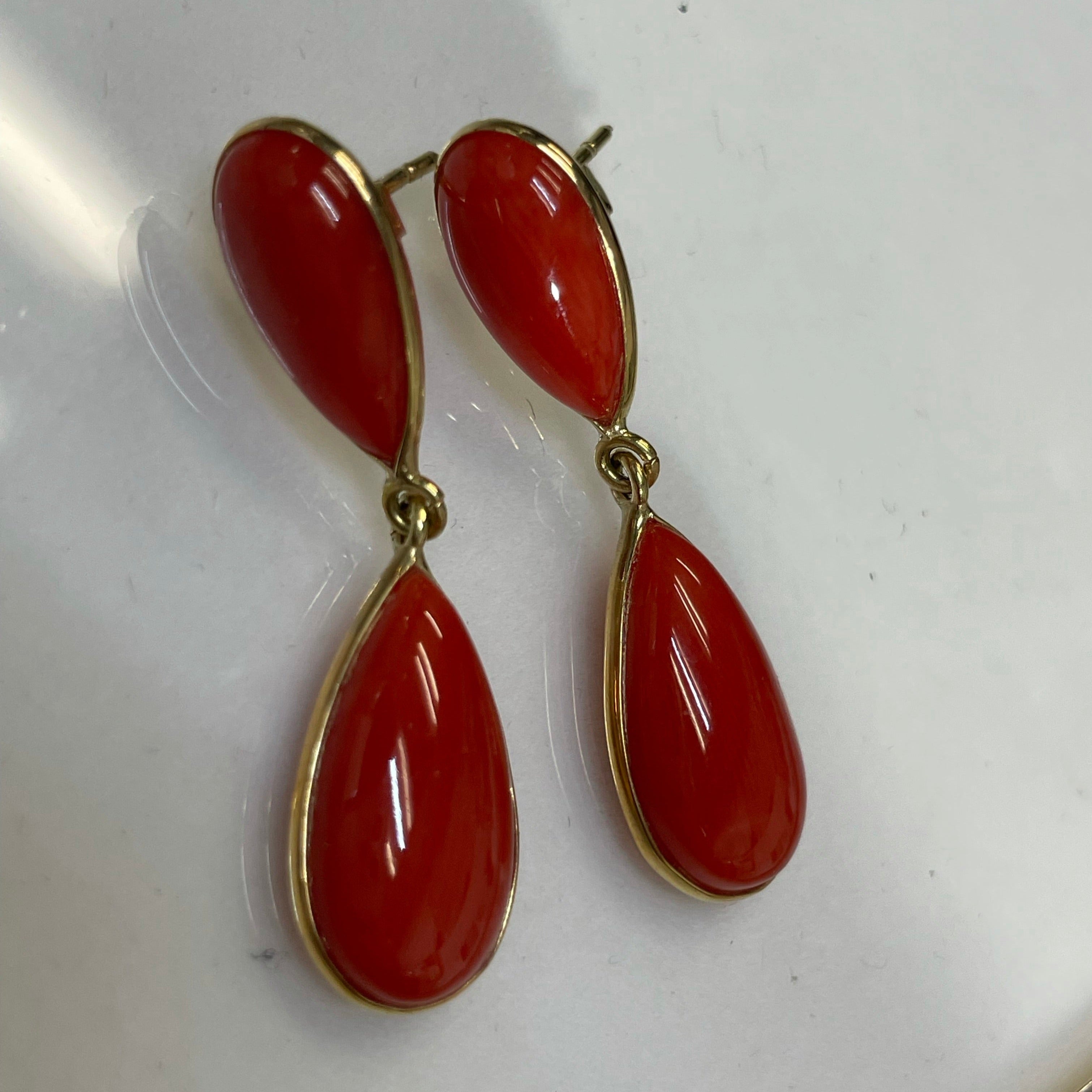 Natural Untreated Red Coral Drop Earrings 18K Yellow Gold