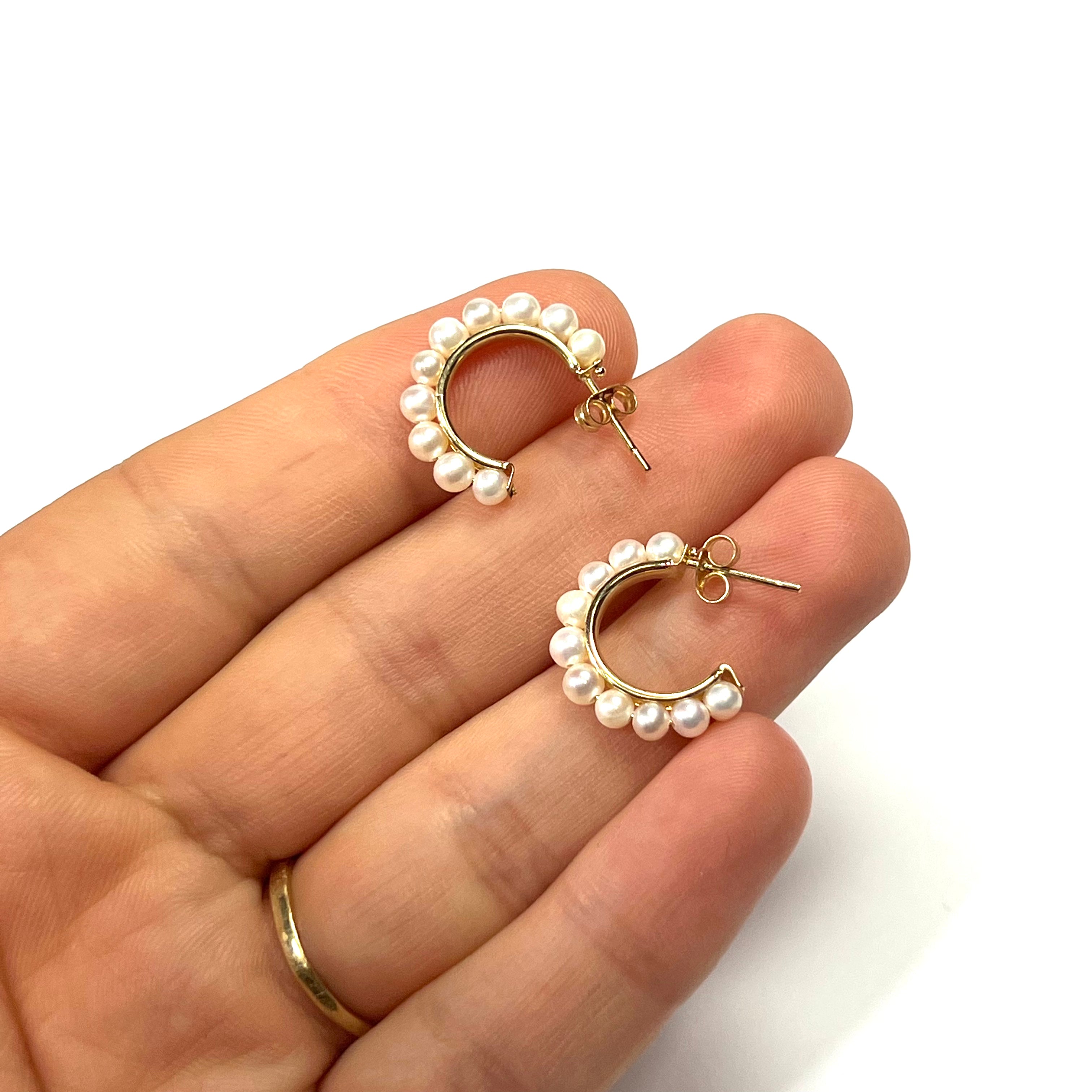 14K Yellow Gold Pearl Half Hoop Earring Studs .70"