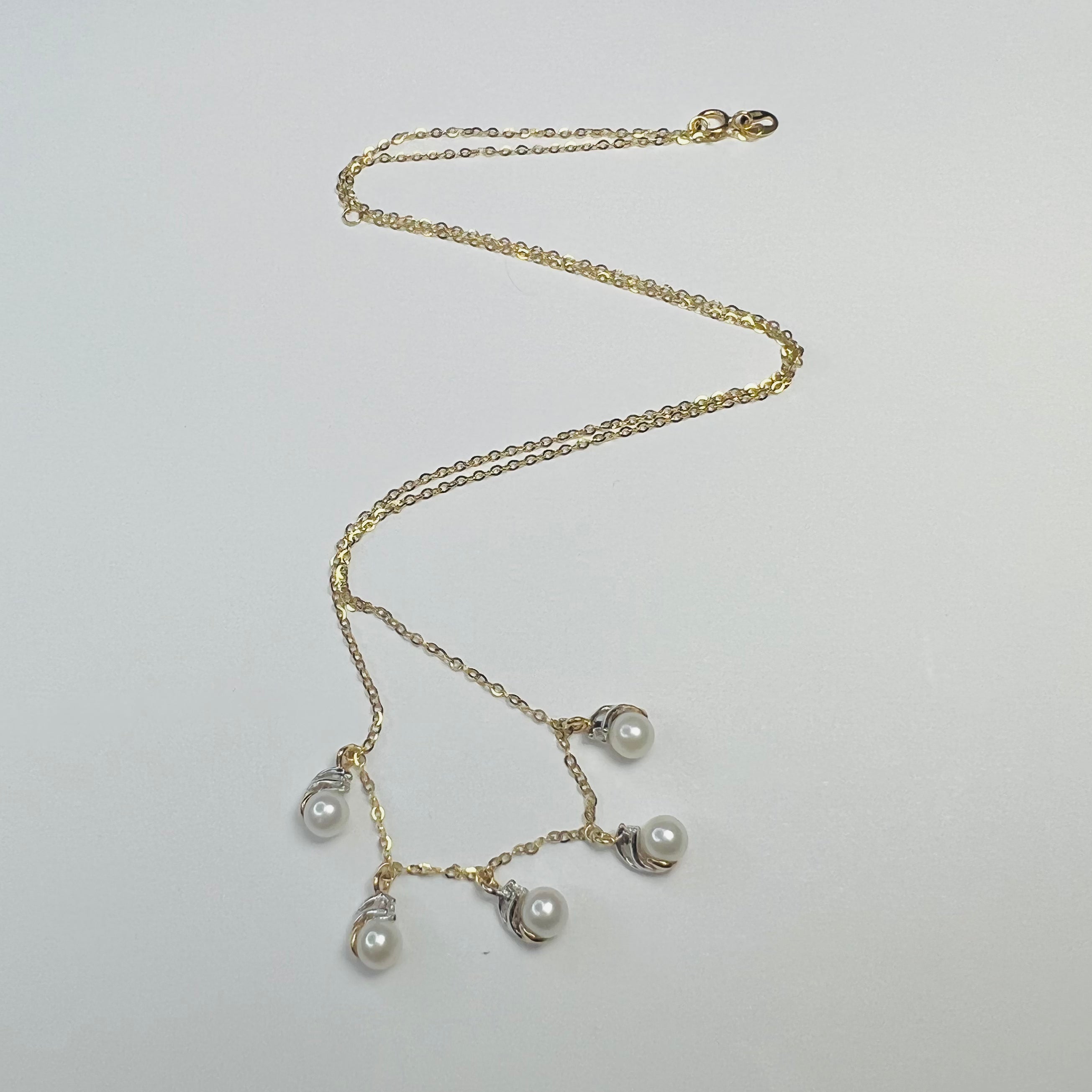 Pearl and Diamond 16"-18" 14K Yellow Gold Cable Chain Necklace