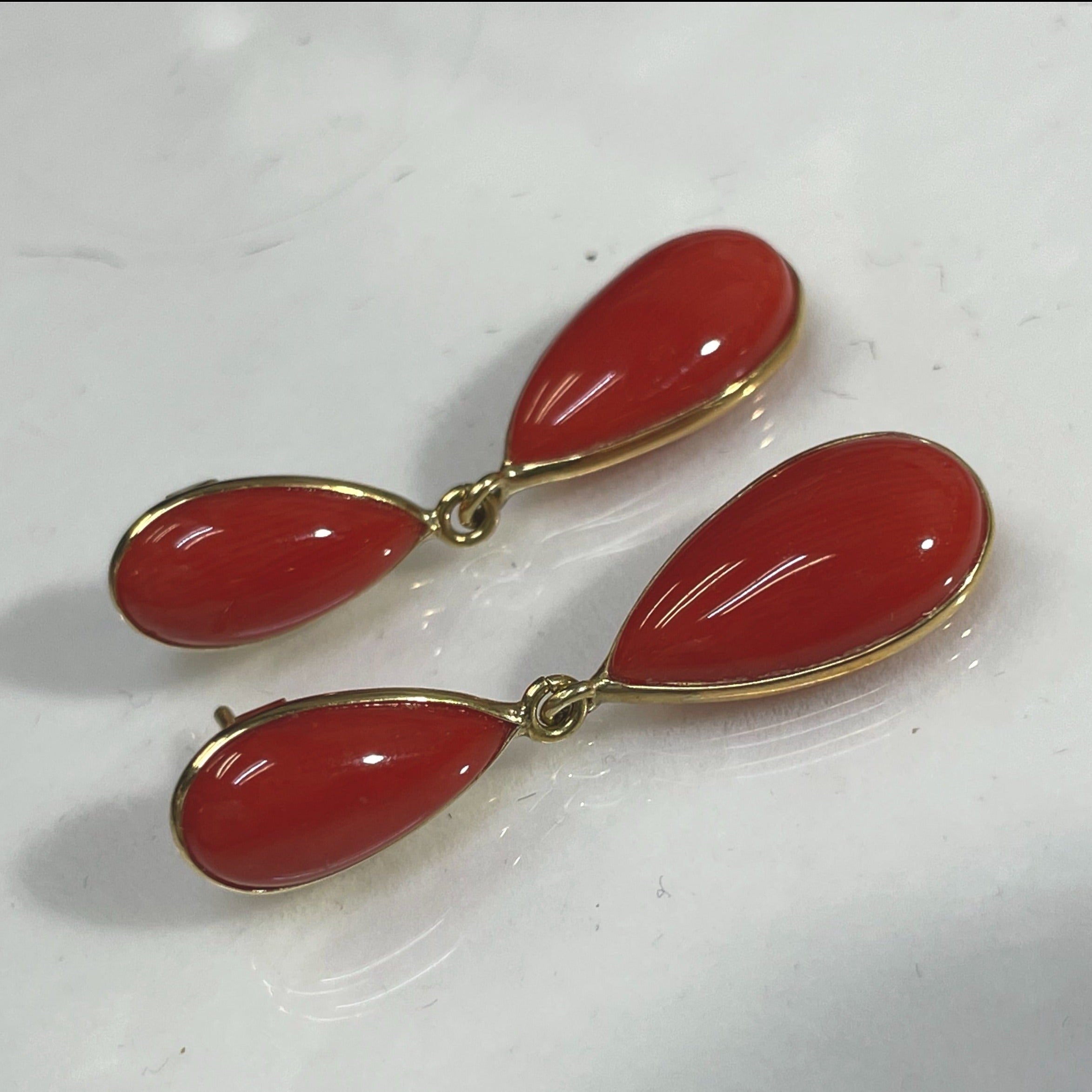 Natural Untreated Red Coral Drop Earrings 18K Yellow Gold