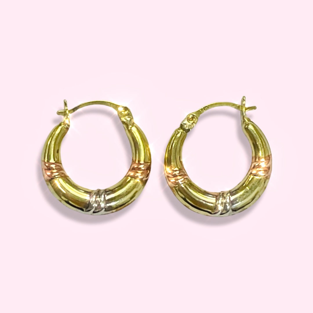 .65” 10K Tritone Rose White Yellow Gold Tapered Puffed Stripes Hoop Earrings
