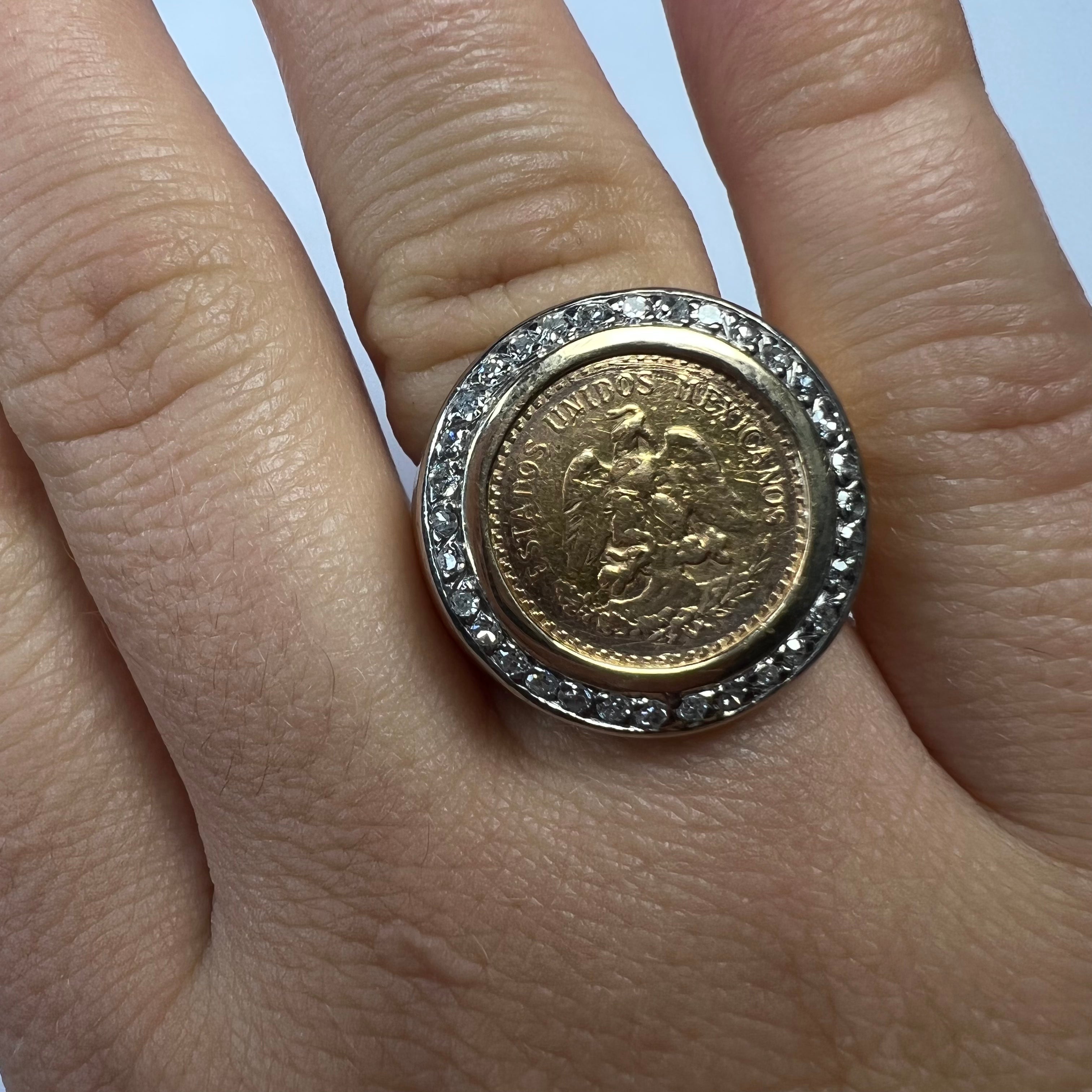 14K Yellow Gold Mexican Coin .32ctw Diamond Ring Band Size 8