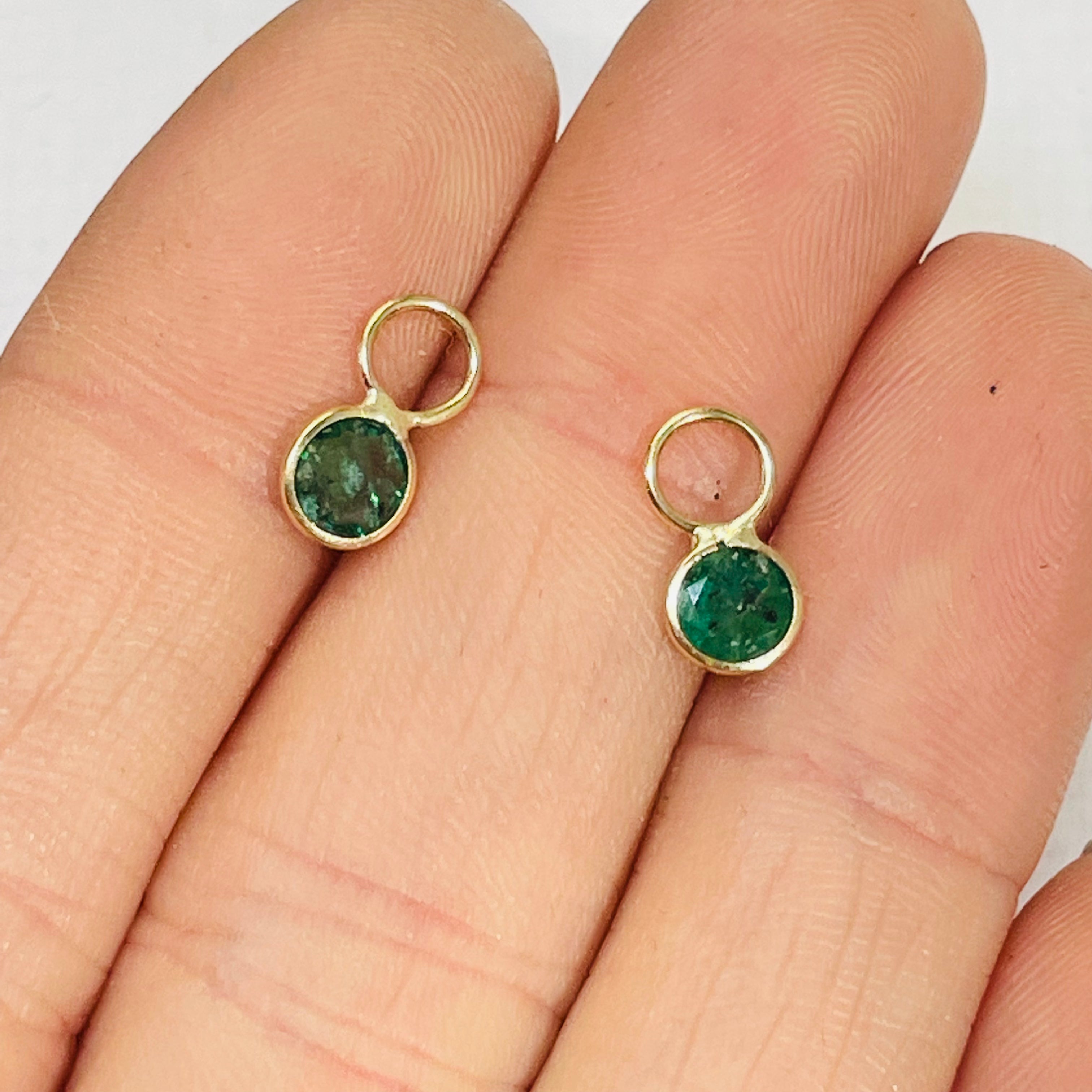 14K Yellow Gold Round Emerald Earring Charm Pair