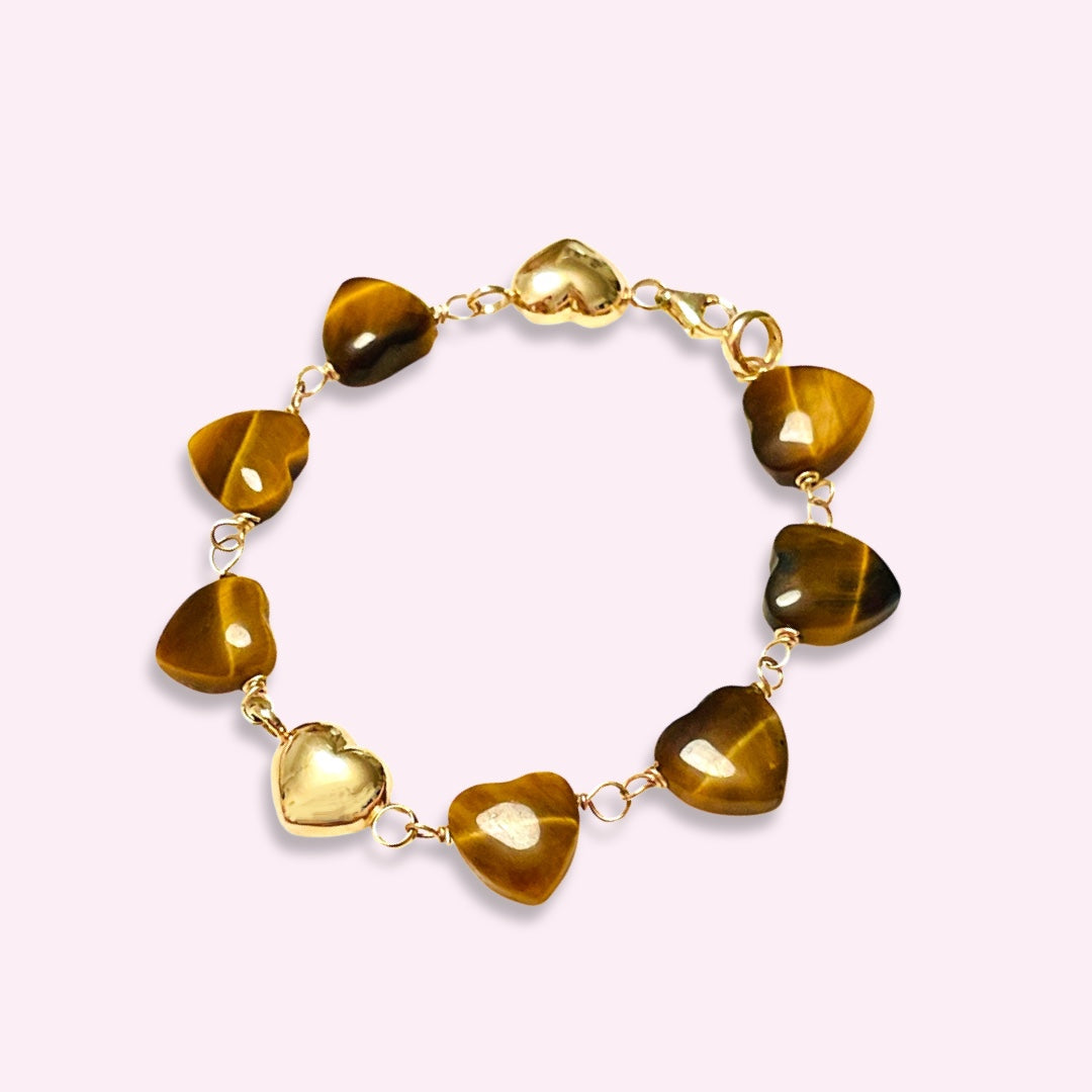 14K and 10K Yellow Gold Heart Tiger’s Eye Chain Bracelet
