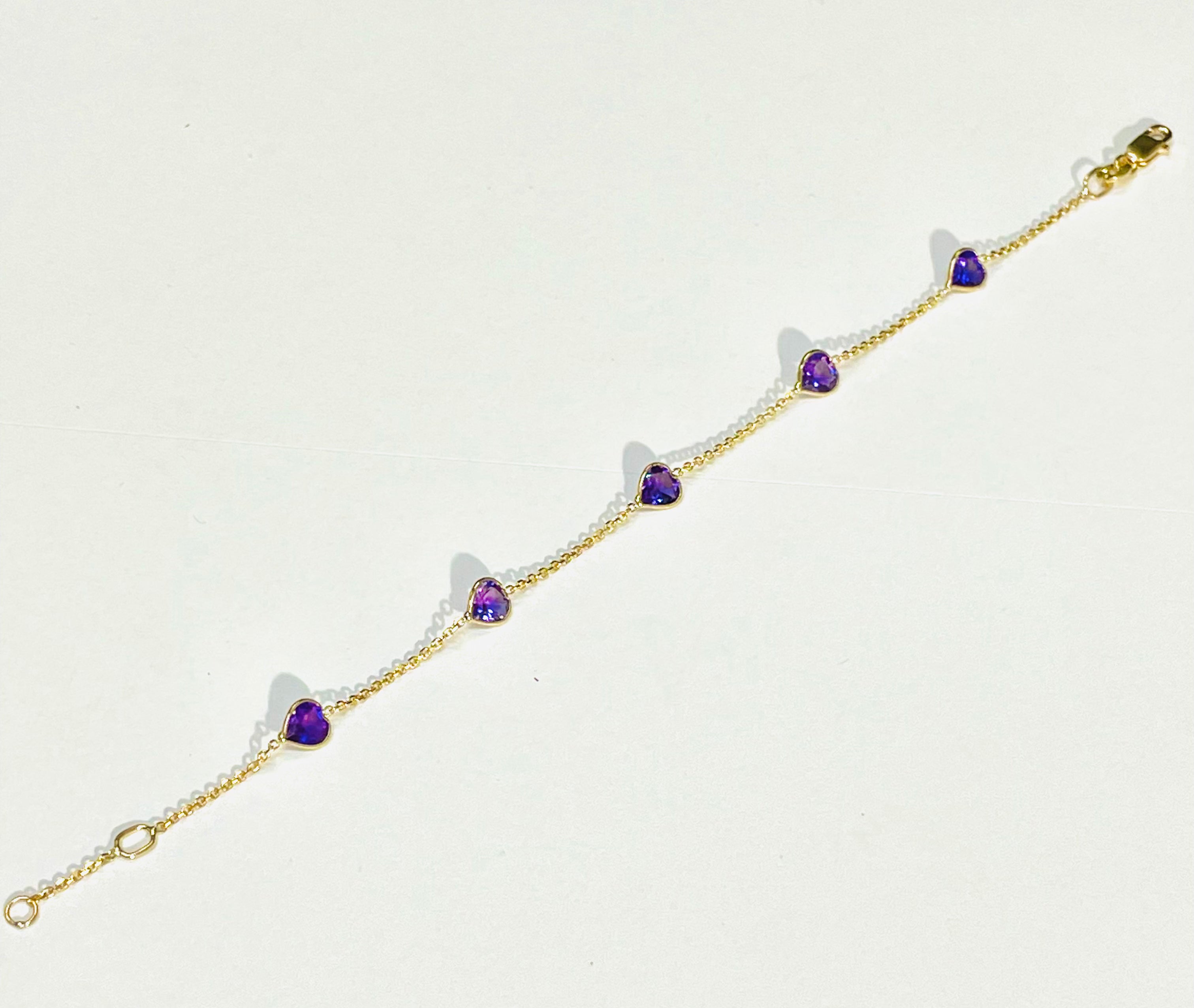 Natural Amethyst Sweet Heart Station Bracelet 14 Yellow Gold 6.25-6.75"