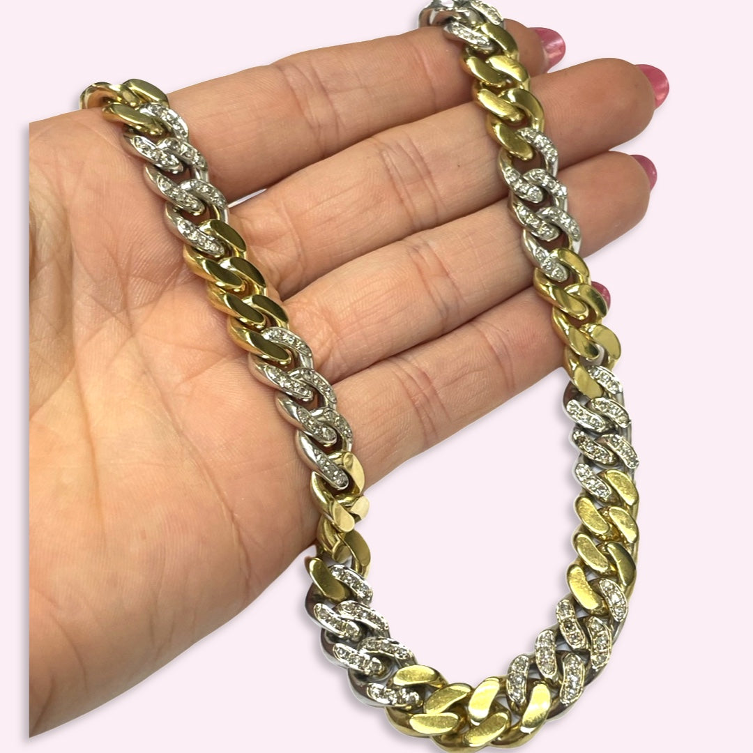 16" 10mm Solid 18K Yellow and White Two Tone Diamond Pave Cuban Curb Link Neckla