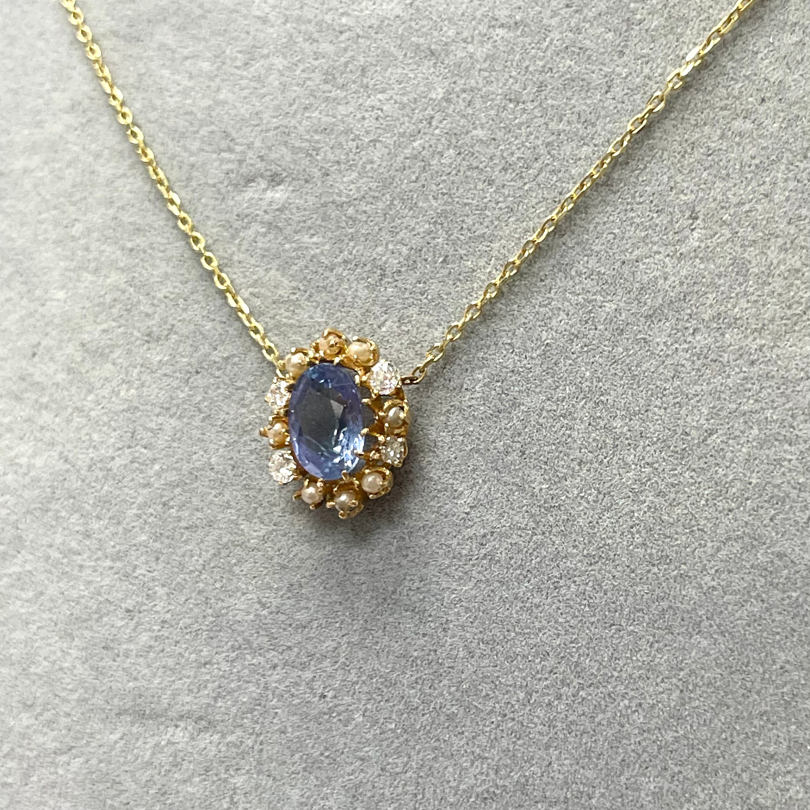 Floral Sapphire with Pearls and OMC Diamonds 14k Yellow Gold Necklace