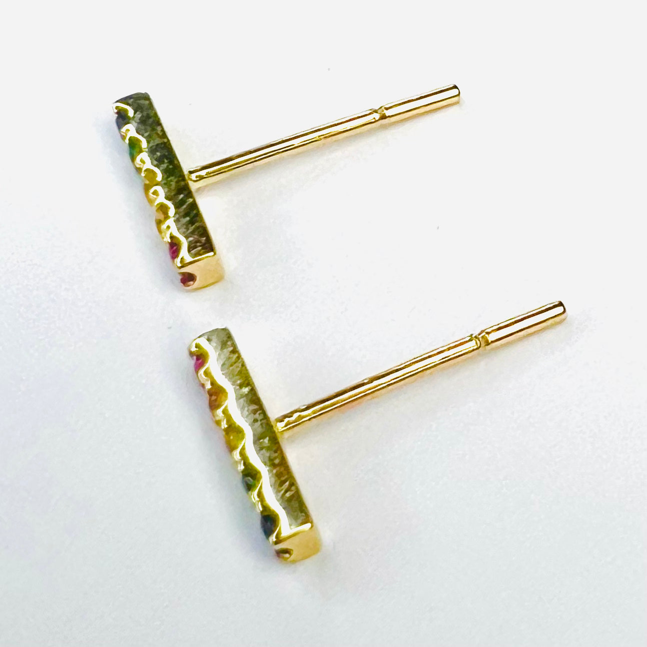 Natural Sapphire 14K Yellow Gold Rainbow Bar Earrings Multi Stone 10x2mm