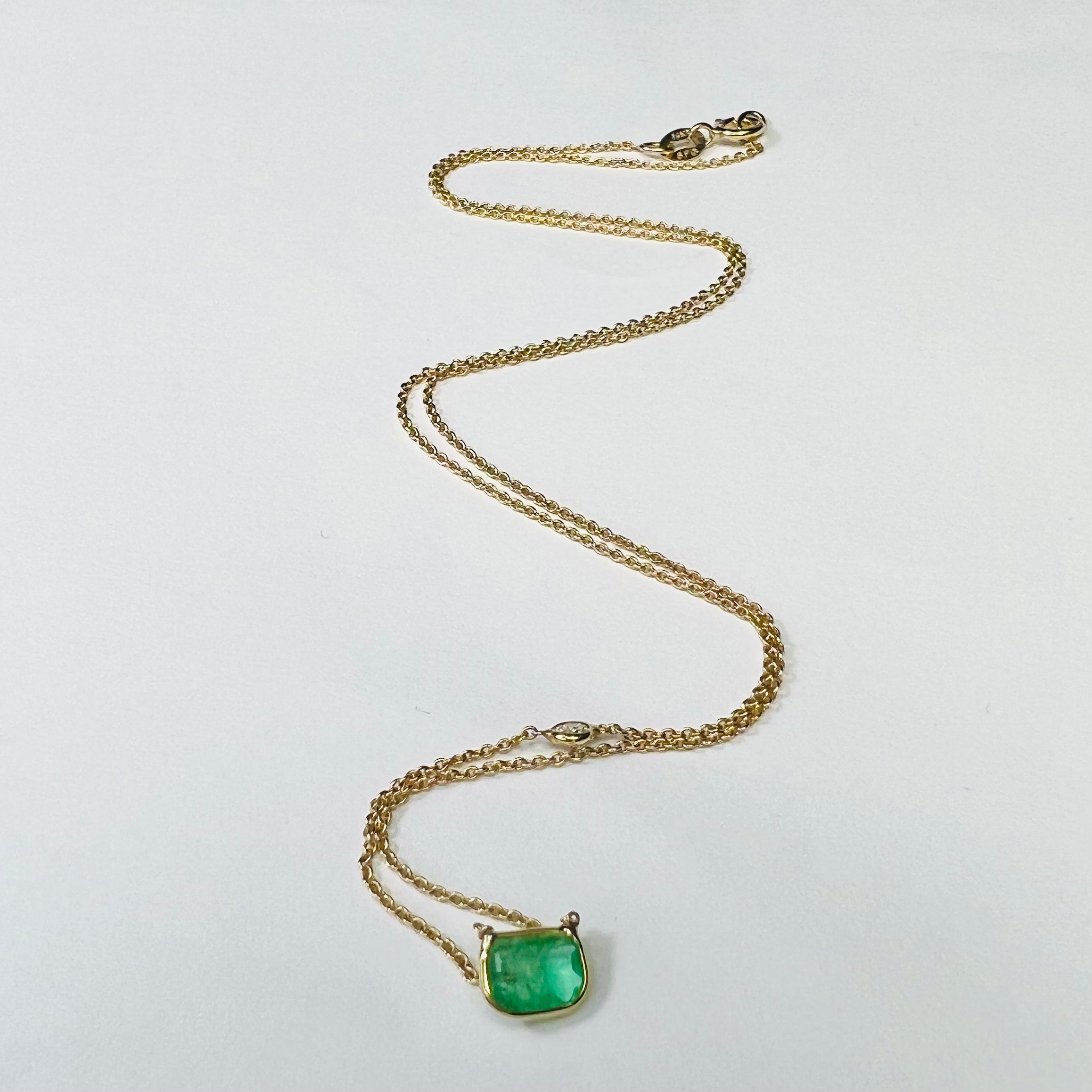 Emerald and Diamond  16" 14K Yellow Gold Cable Chain Necklace