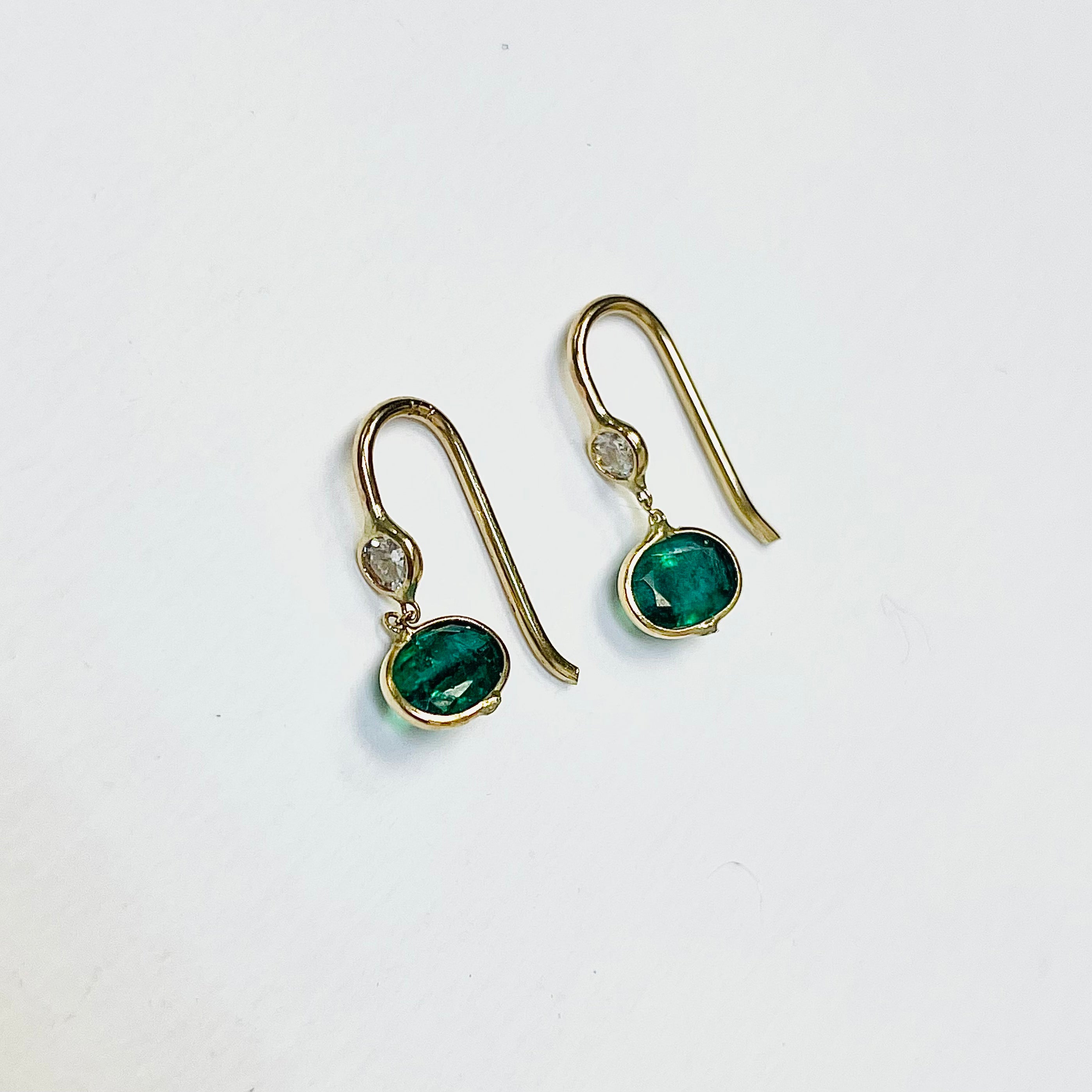 1.9 Emerald and .20CT Diamond 14K Yellow Gold Drop Down Earrings