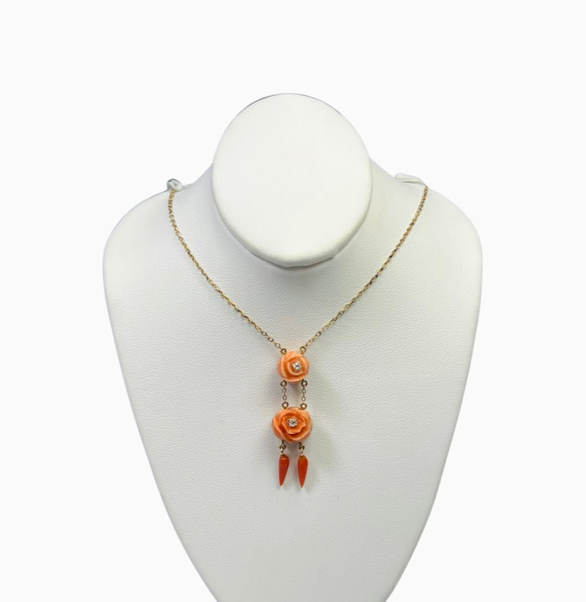 Rose Carved Orange Coral and Diamond 15" 14K Yellow Gold Necklace