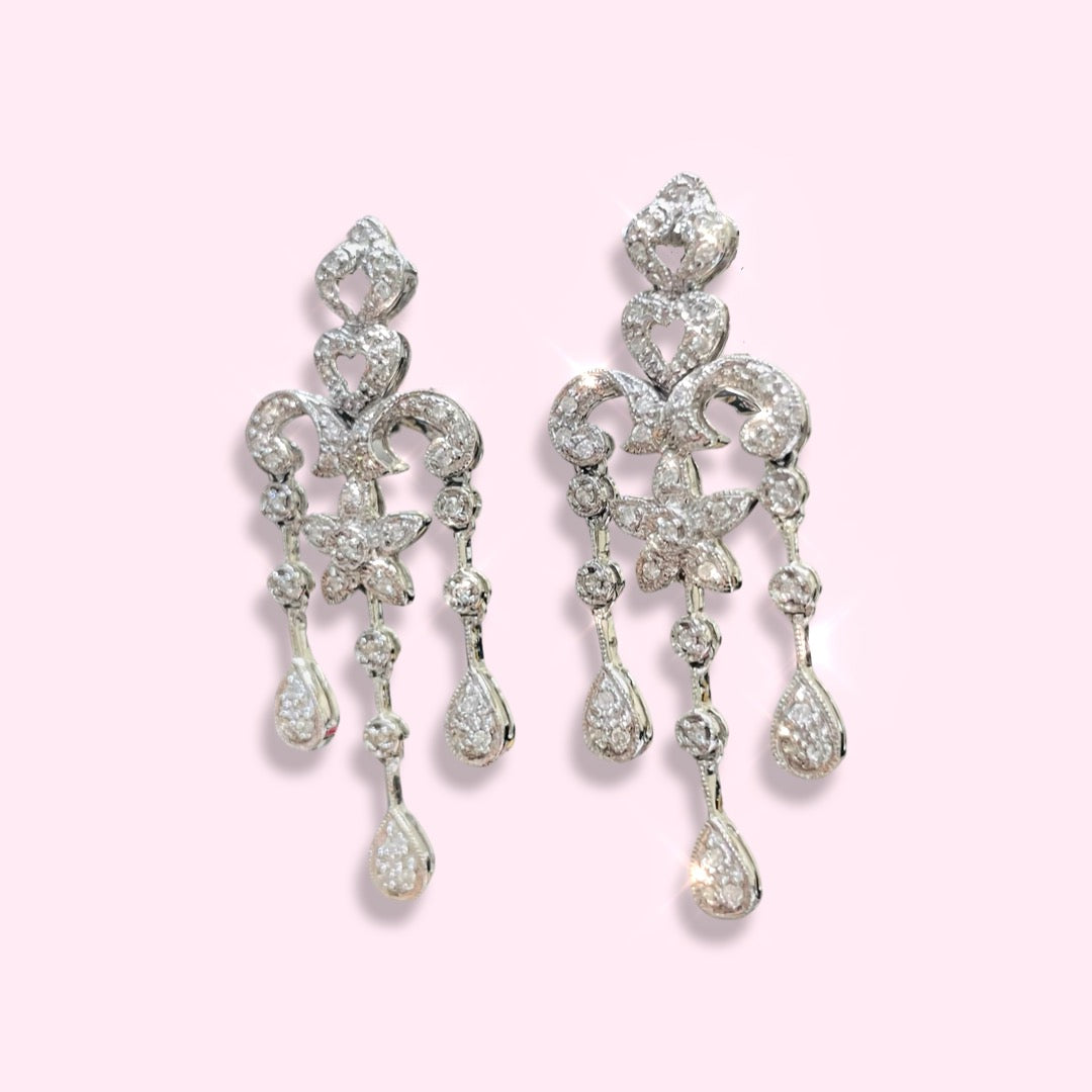 14K White Gold Diamond Chandelier Milgrain Drop Earrings