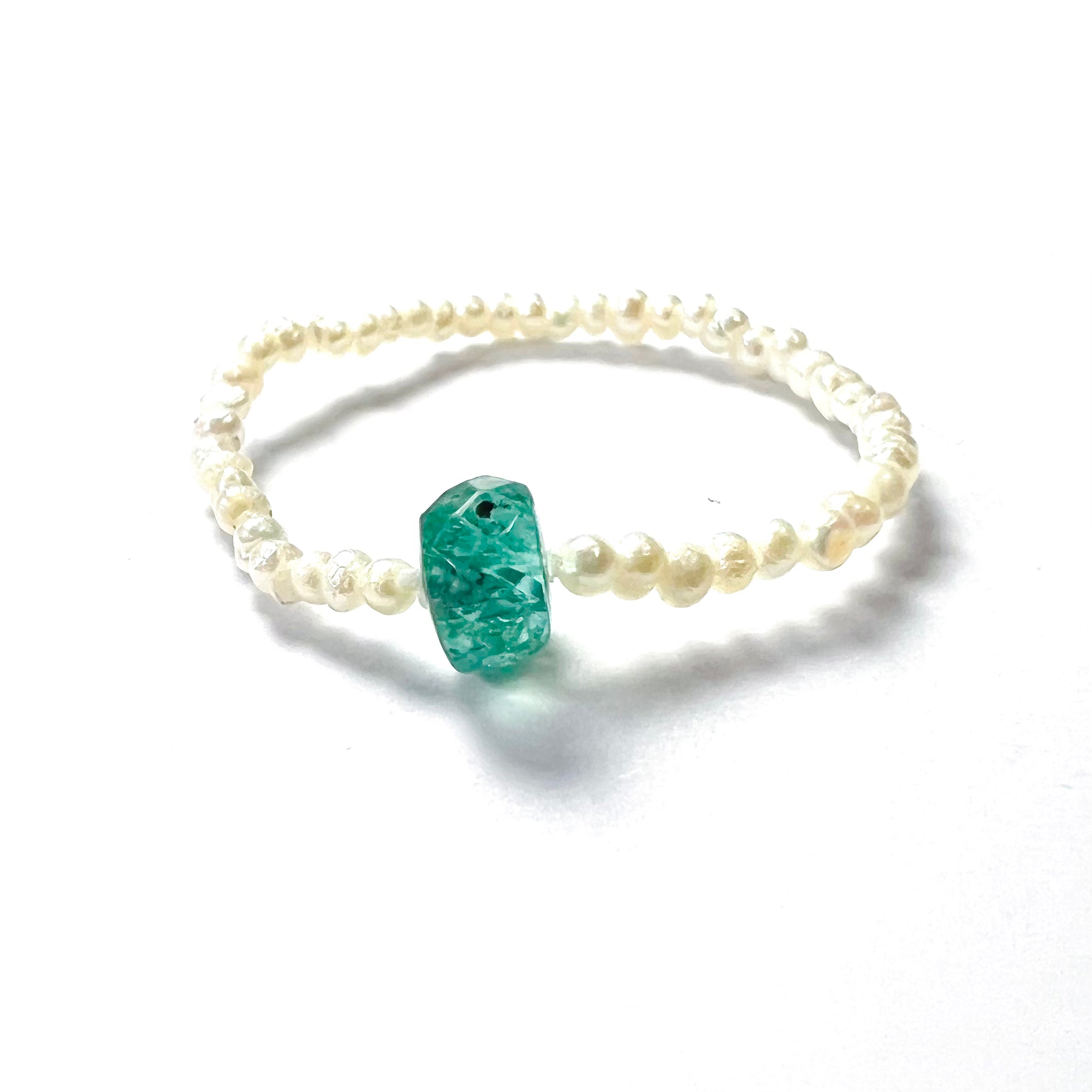 Natural Seed Pearl Eternity Rough Emerald Bead Ring Size 5.75