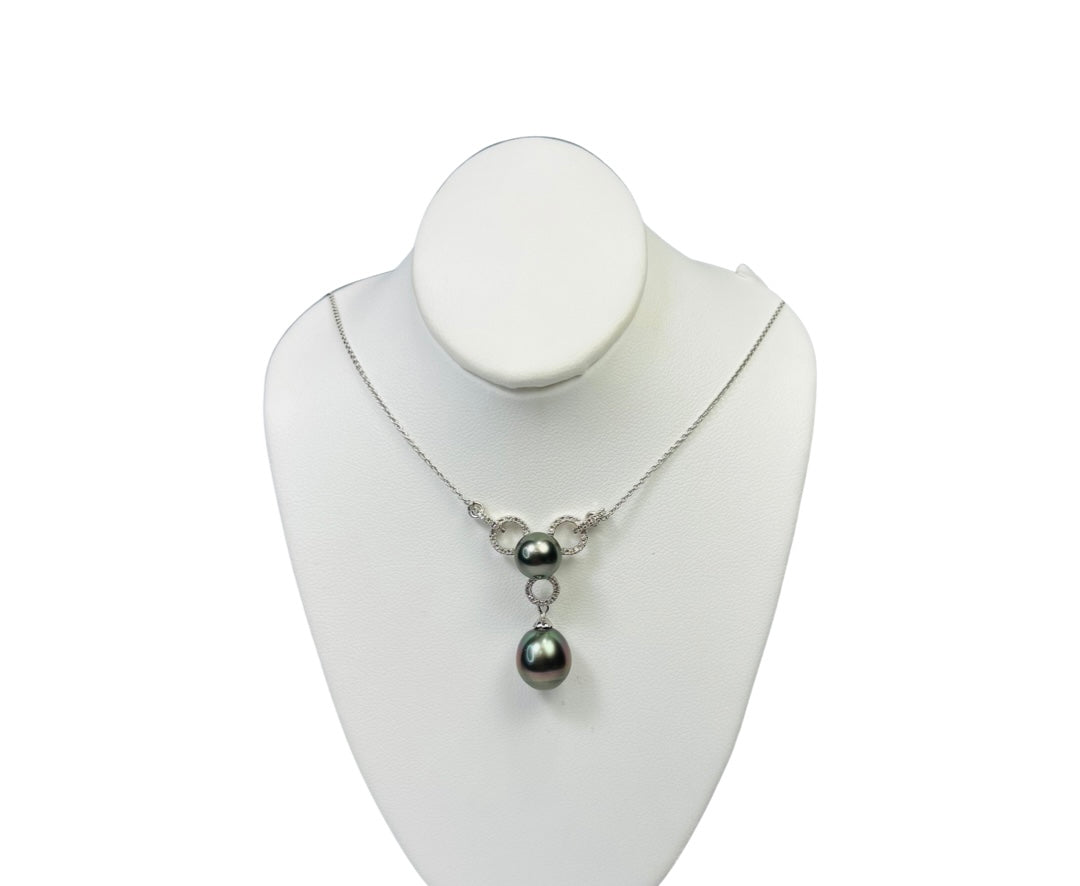 Black Pearl and Pave Diamond 18K White Gold Necklace 16"