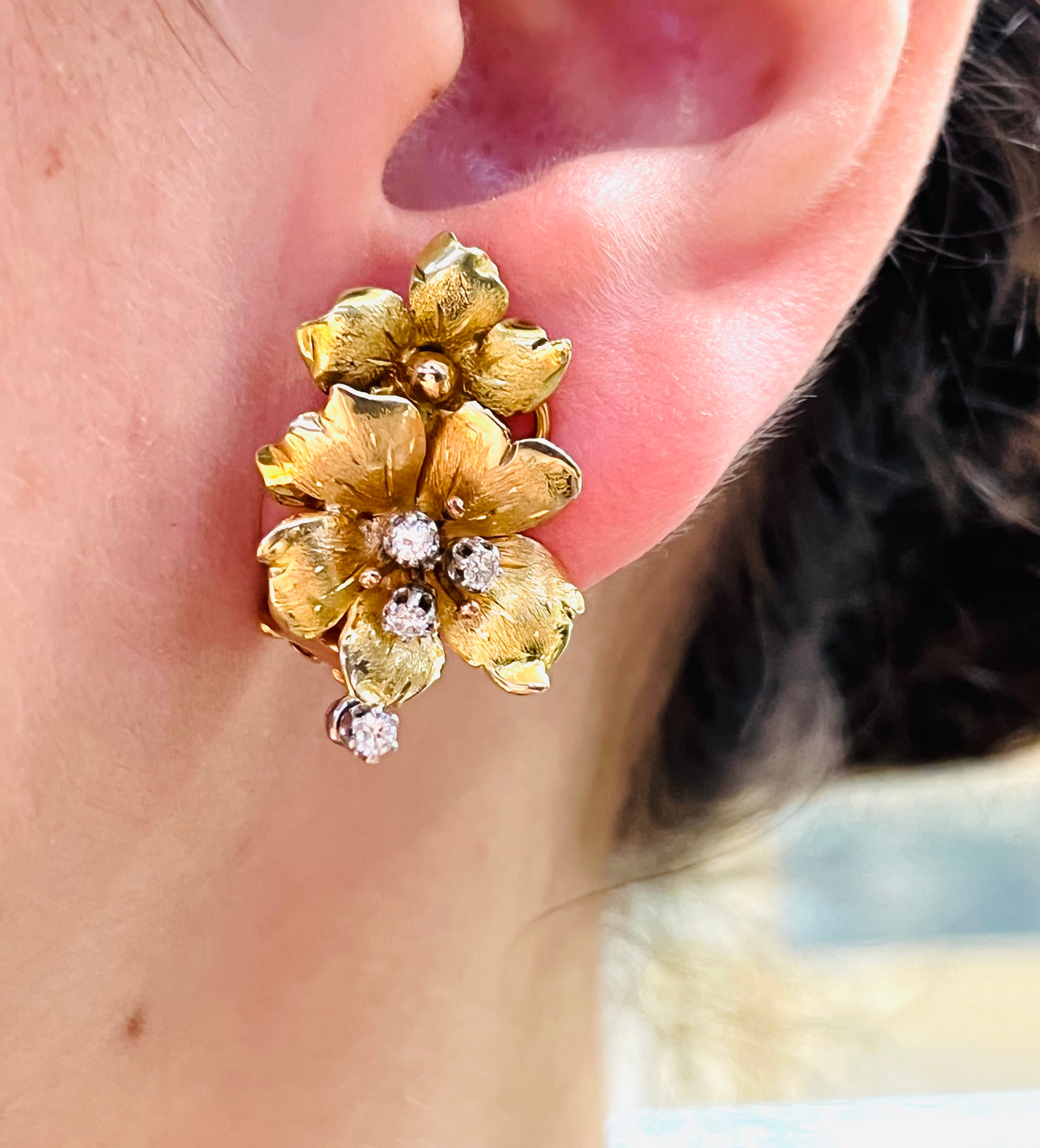 Gorgeous Antique Yellow and Rose Gold Flower Diamond Omega Back Earrings