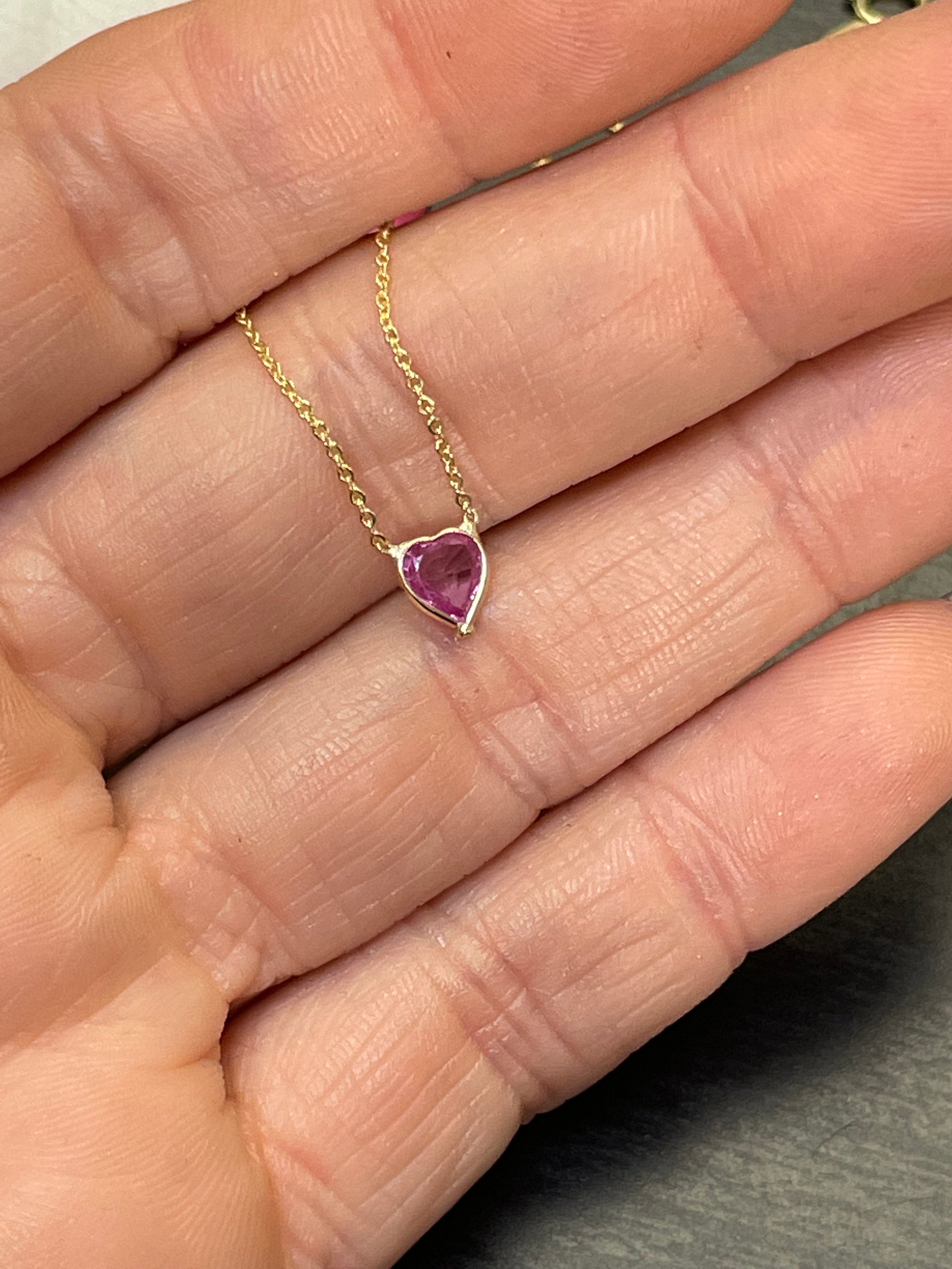 Natural Pink Sapphire Heart 14K Yellow Gold Necklace 16-18"