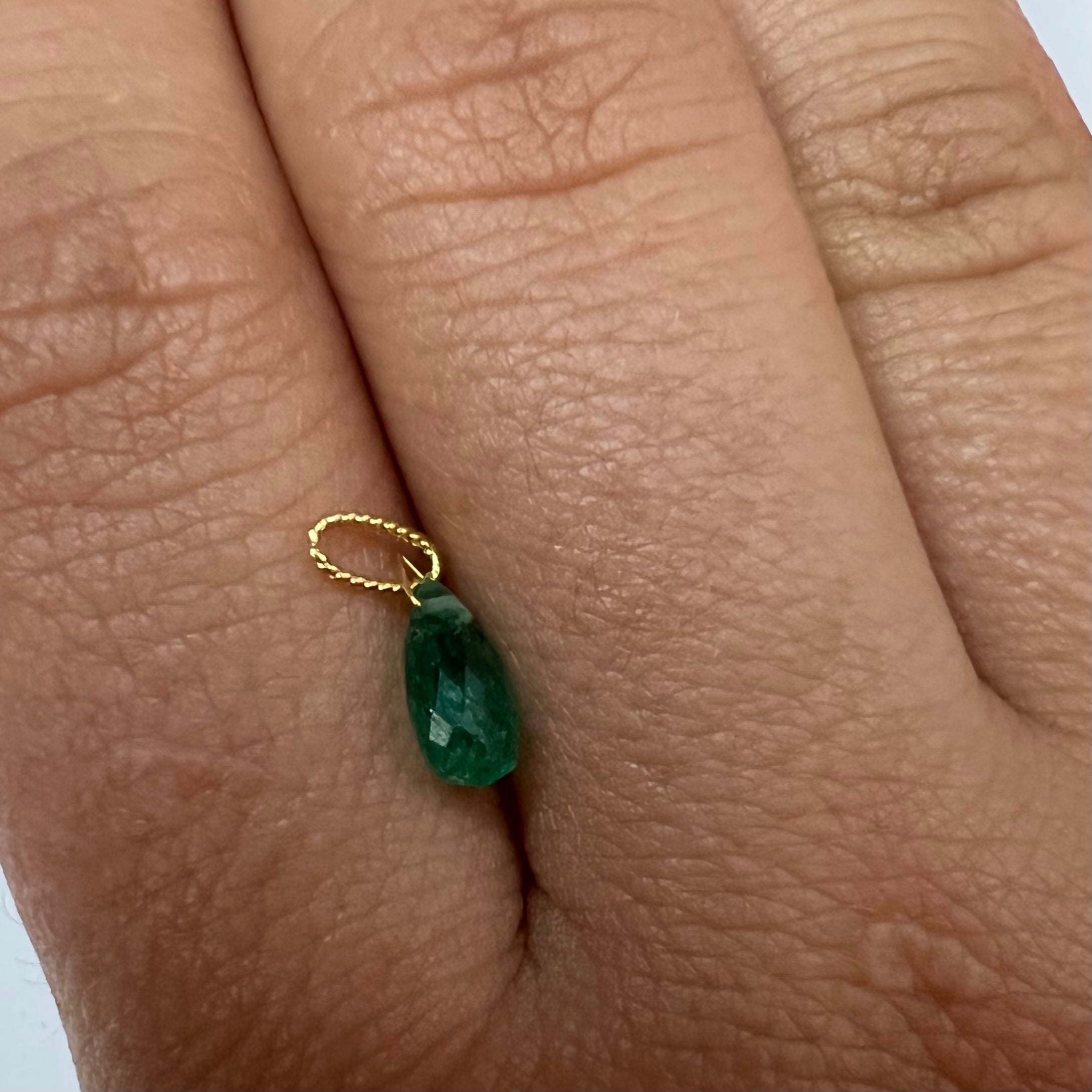 .53CT Solid 14K Yellow Gold Briolette Emerald Twisted bail Charm 6x3.65x2.90mm