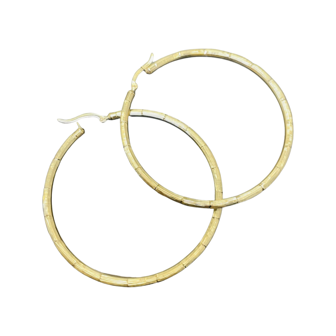 2.5" 3mm 10K Yellow Gold Bamboo Texture Hoop Earrings