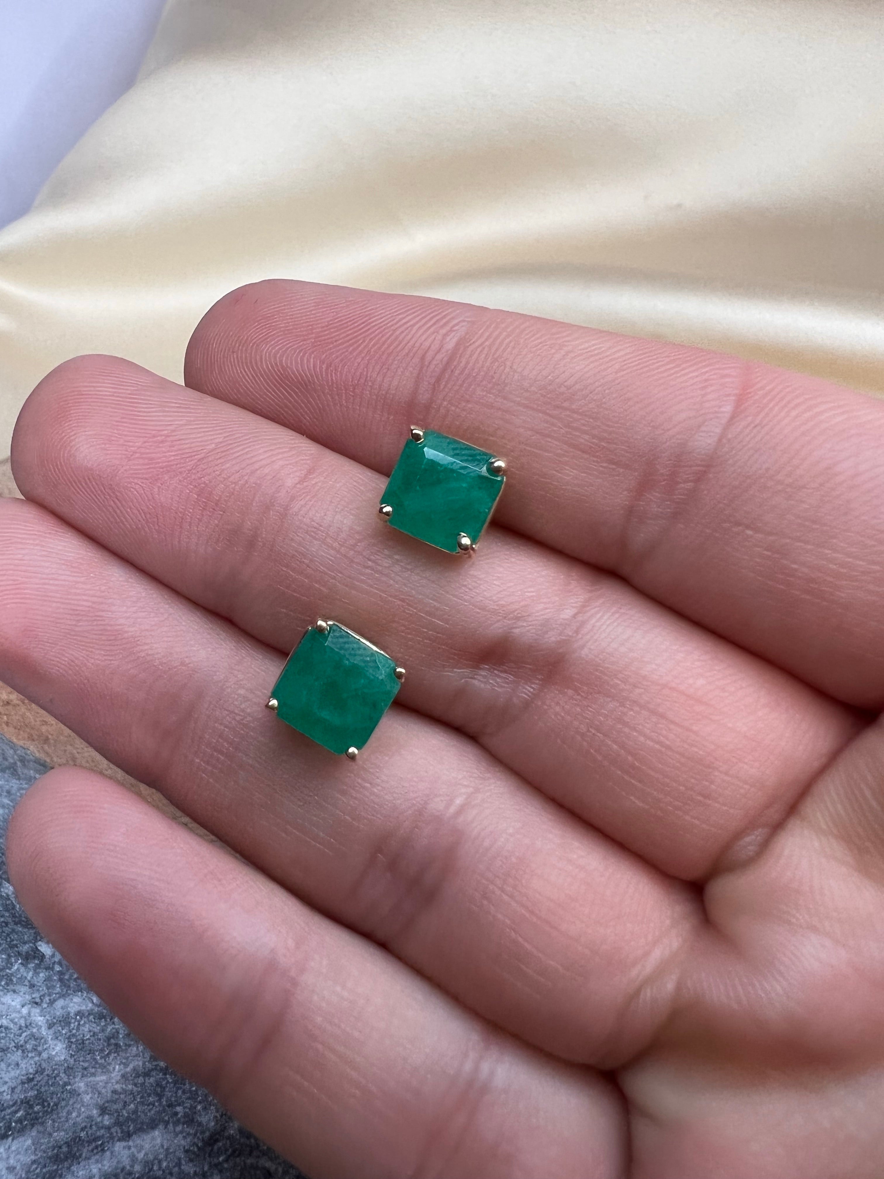 4CT Colombian Emerald  14K Yellow Gold Stud Earrings
