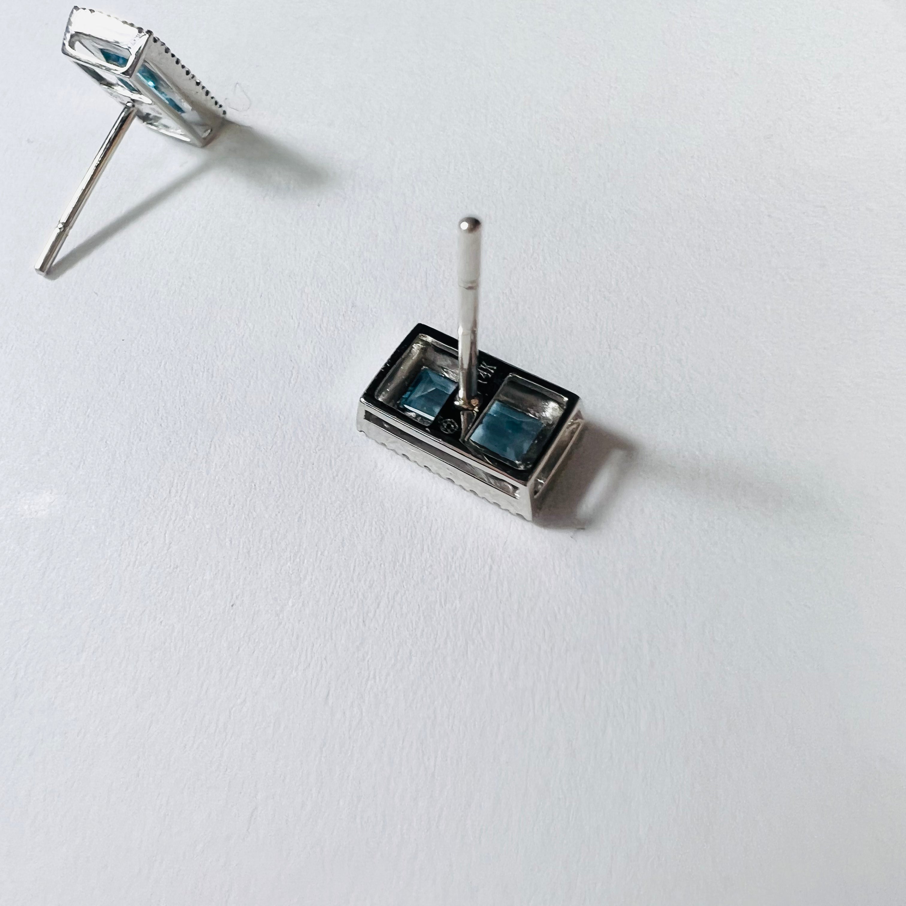 14K White Gold Diamond & Topaz Baguette Earring Studs 9x5mm