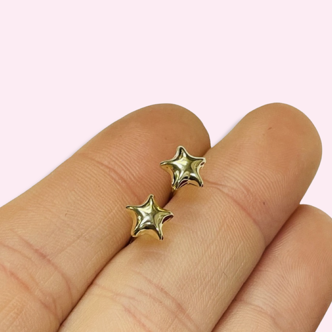 6mm Puffy Star Stud Earrings Solid 14K Yellow Gold