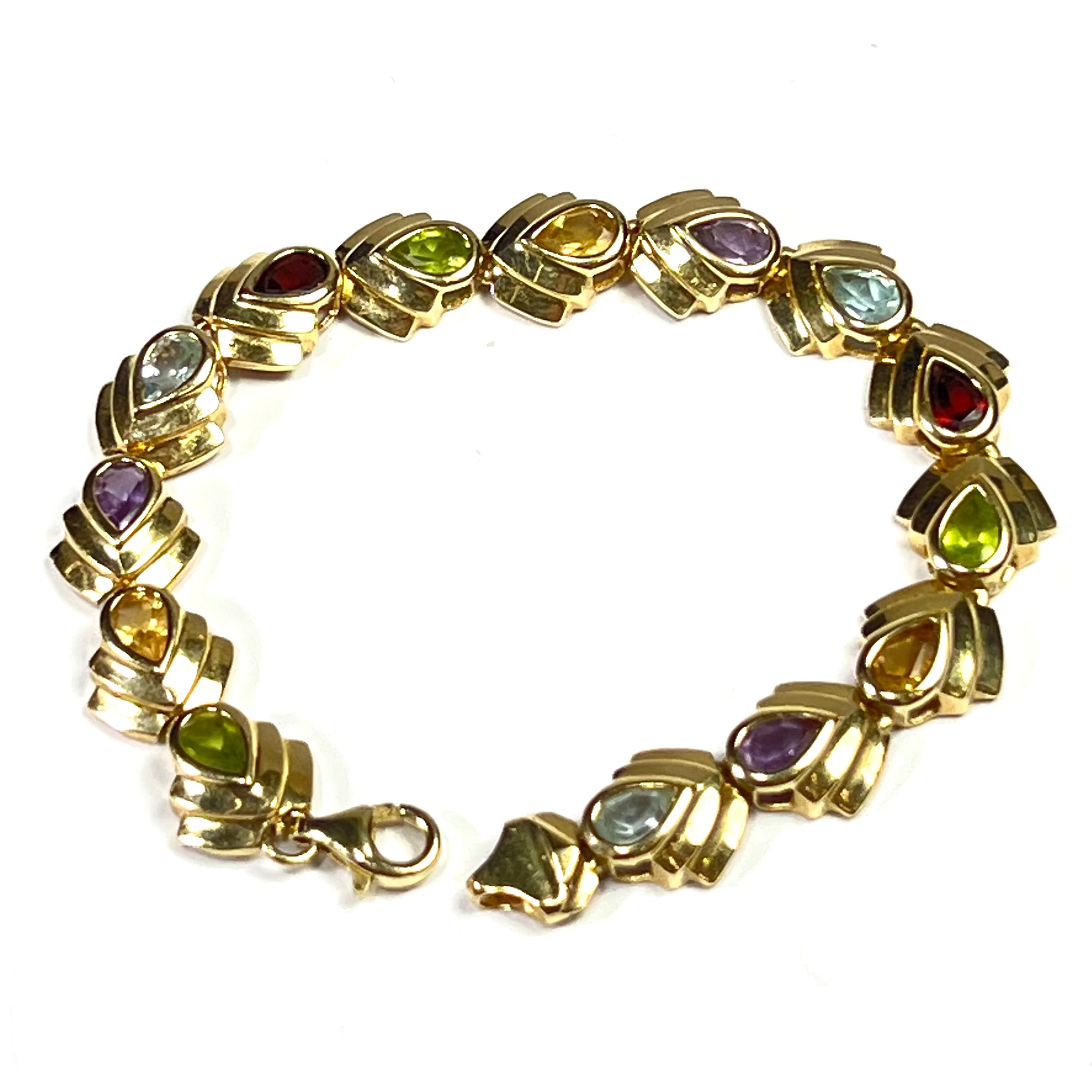Solid 14K Yellow Gold Multi Gemstone Crown Link Bracelet 7"