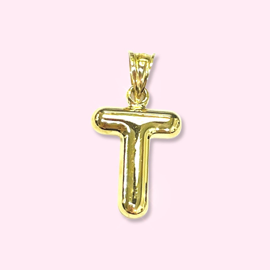 Initial T Puffy  Balloon Letter 10K Yellow Gold Pendant