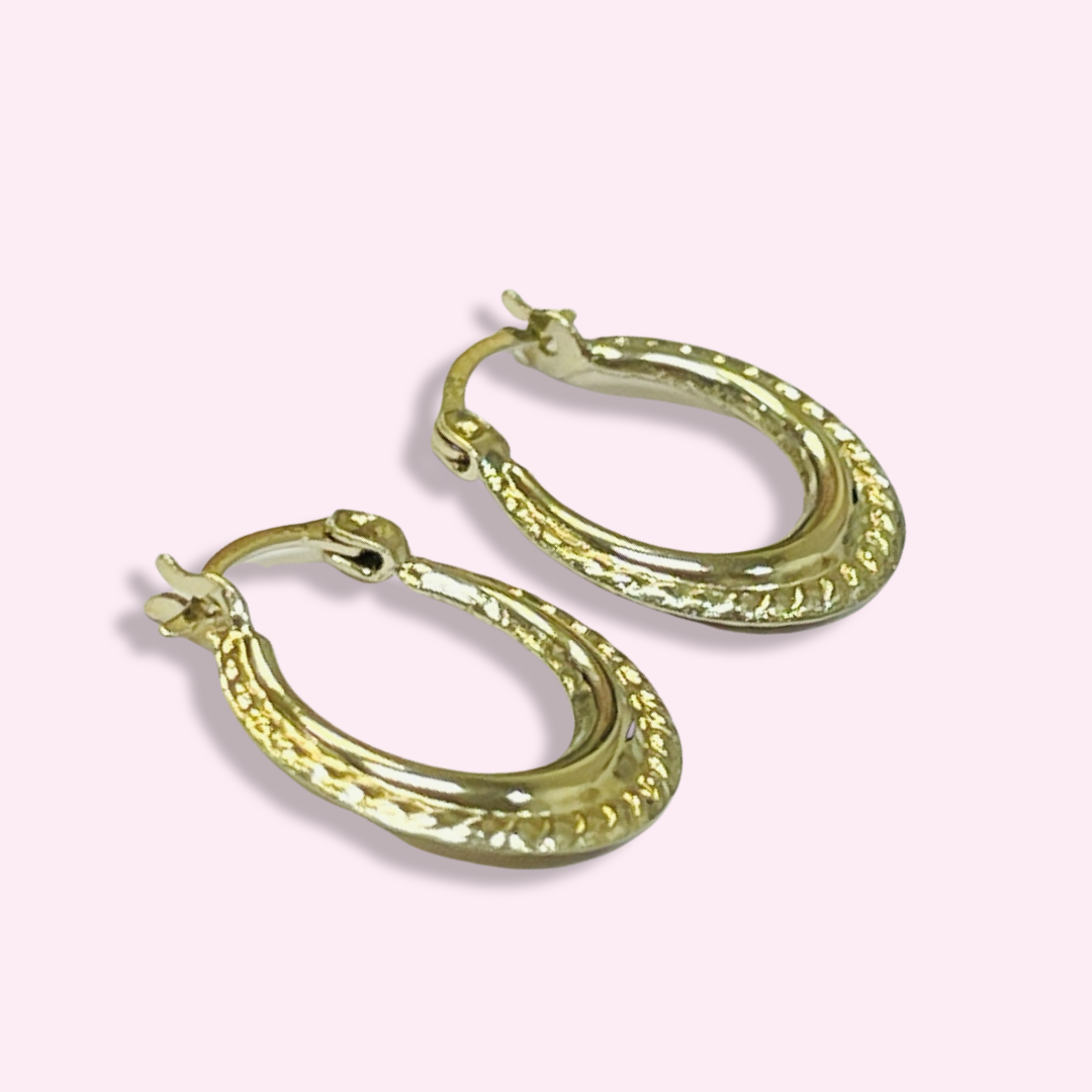 .65” 10K Yellow Gold Tapered Puffed Ridged Hoop Earrings