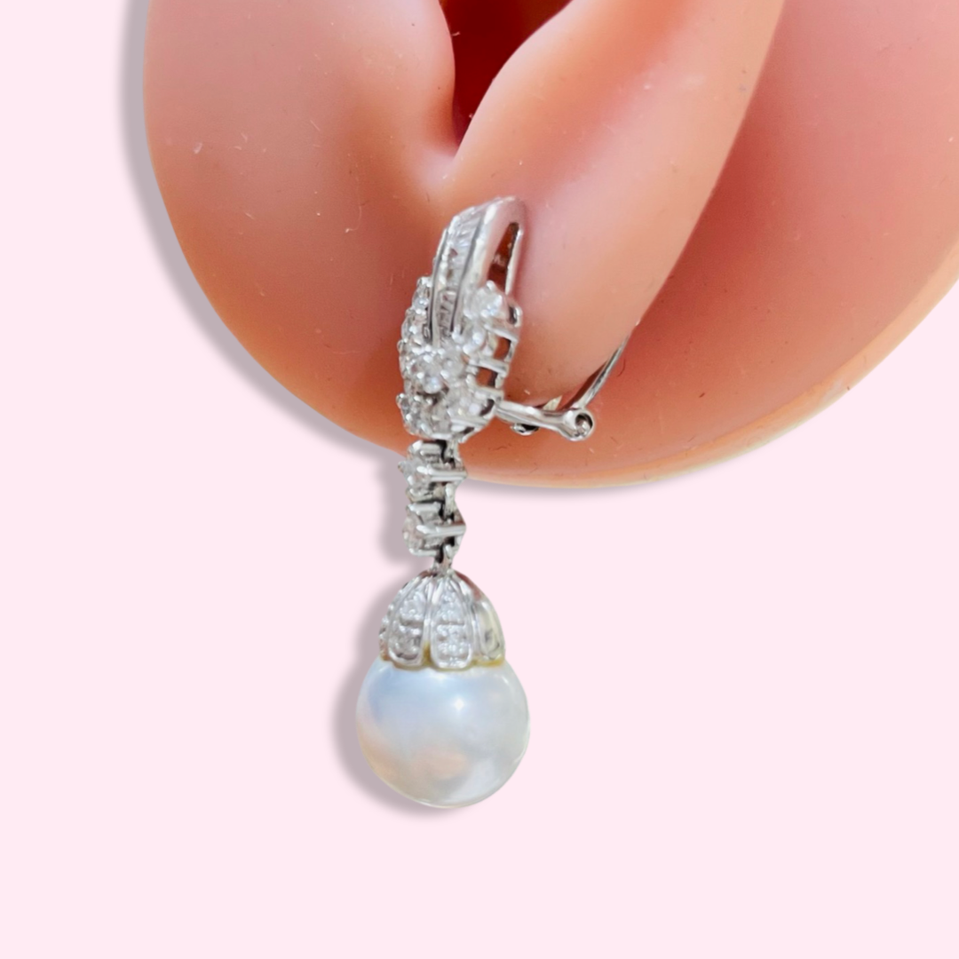 18K White Gold Diamond South Sea Pearl Drop Earrings