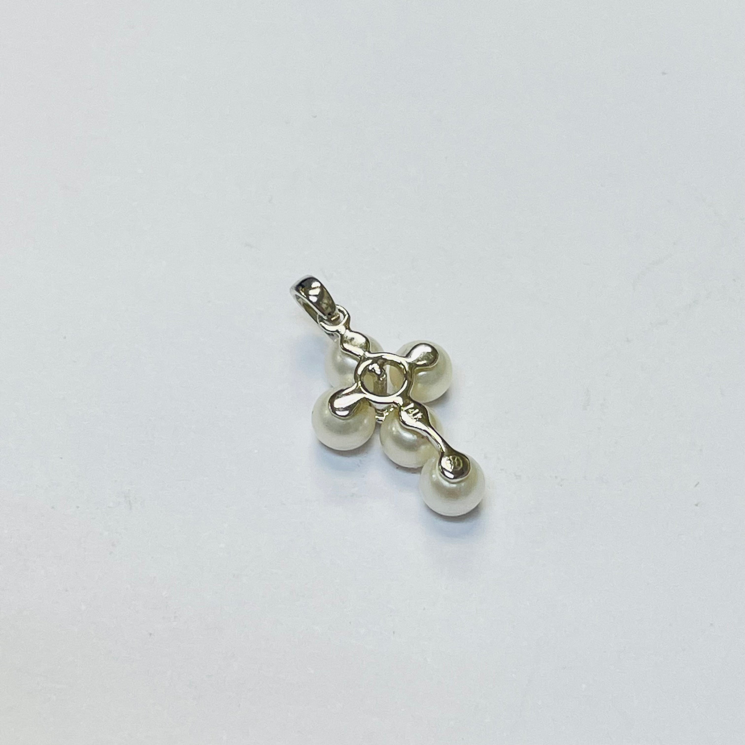 14K White Gold Pearl and Diamond Cross Pendant Charm