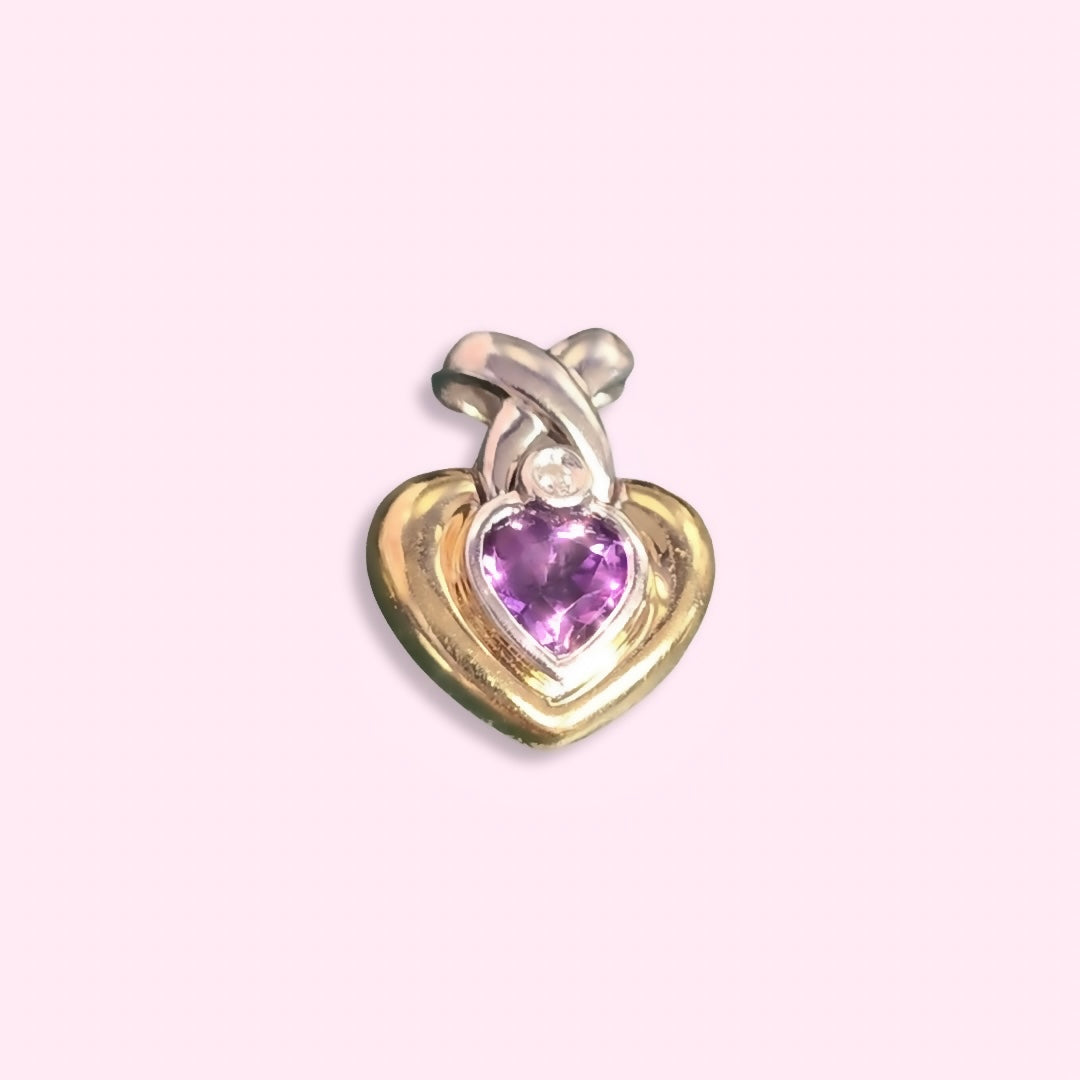 14K Two Tone Amethyst & Diamond Heart Pendant