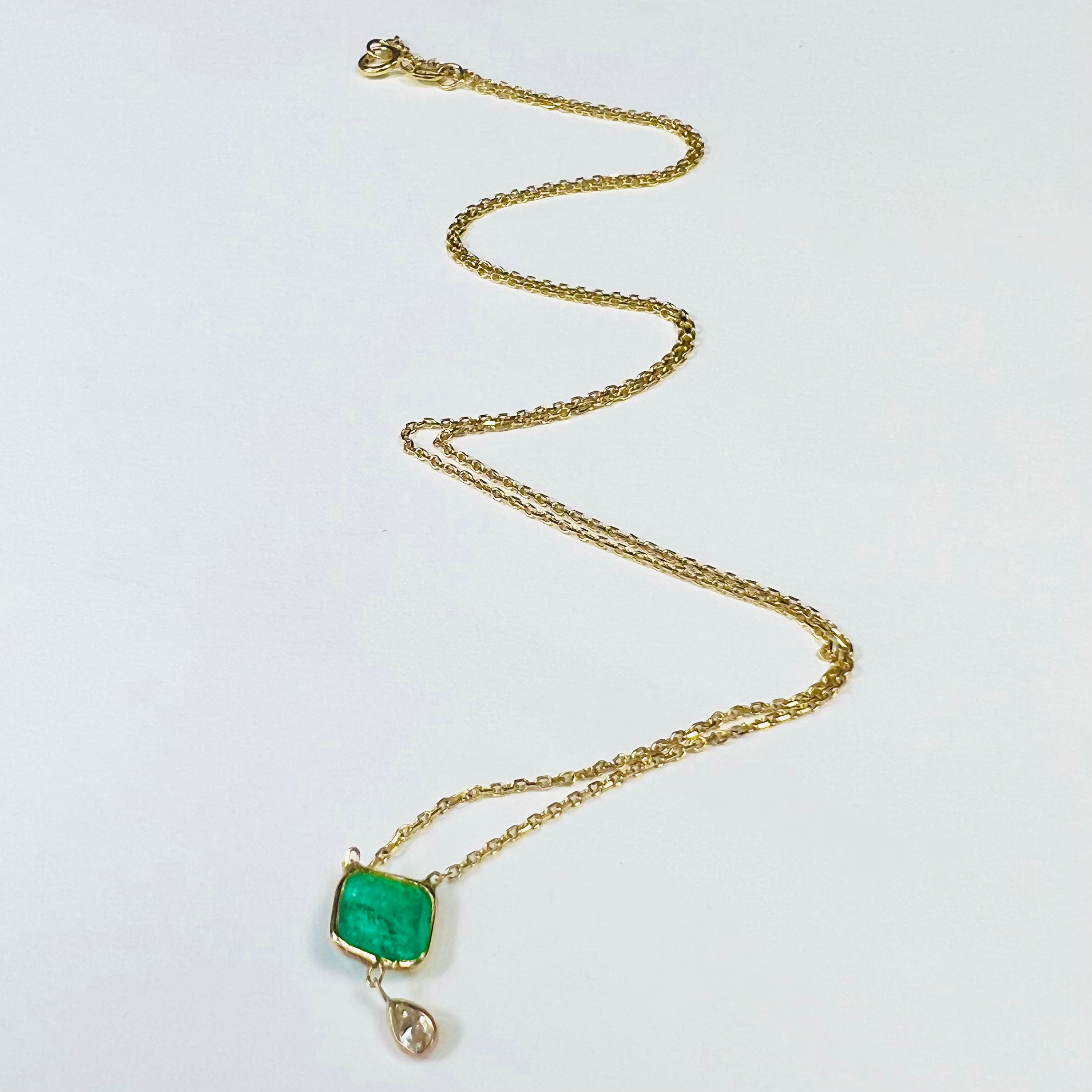 Emerald and Pear Diamond 15" 14K Yellow Gold Cable Chain Necklace