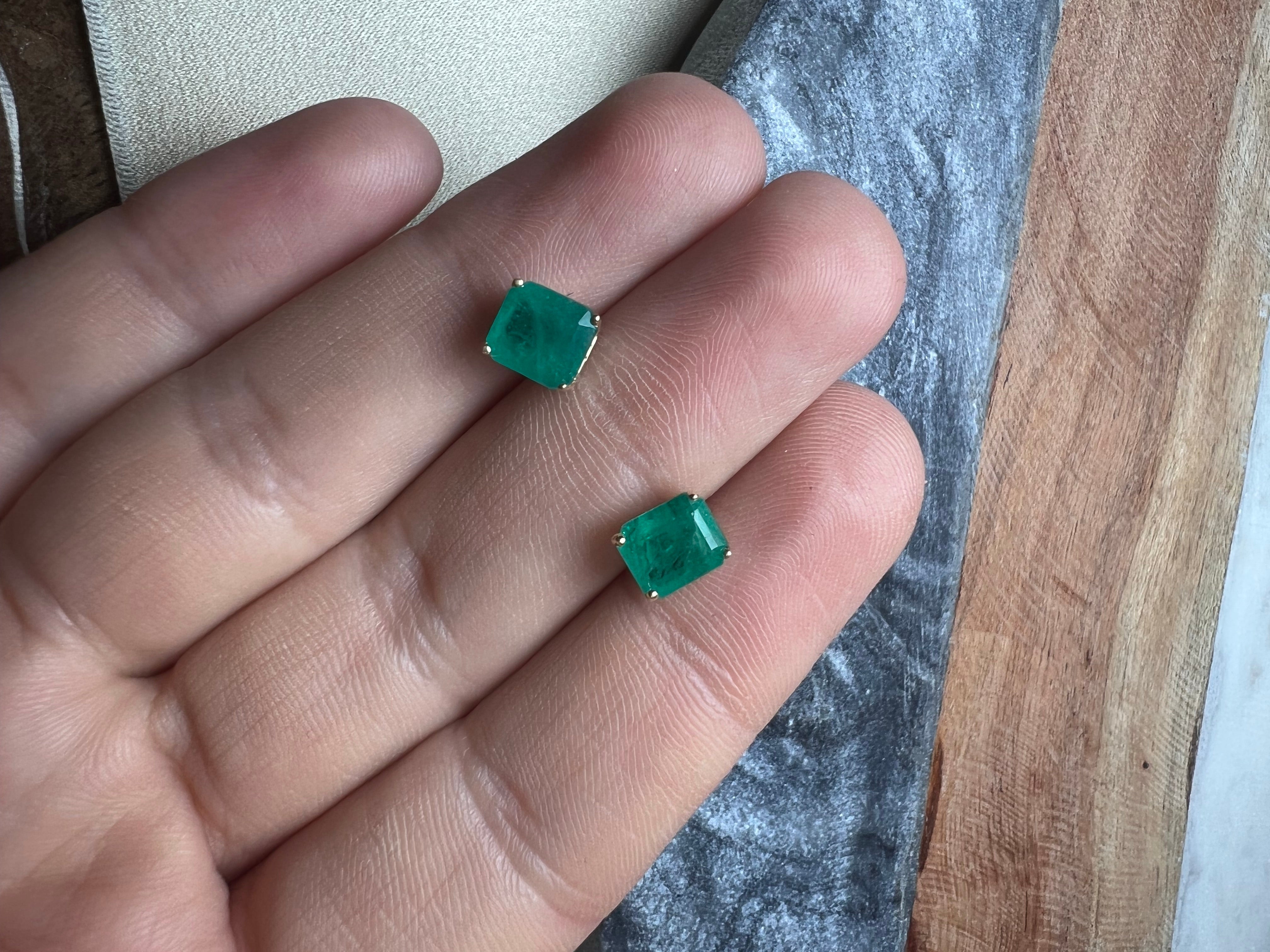 2.4CT Colombian Emerald  14K Yellow Gold Stud Earrings