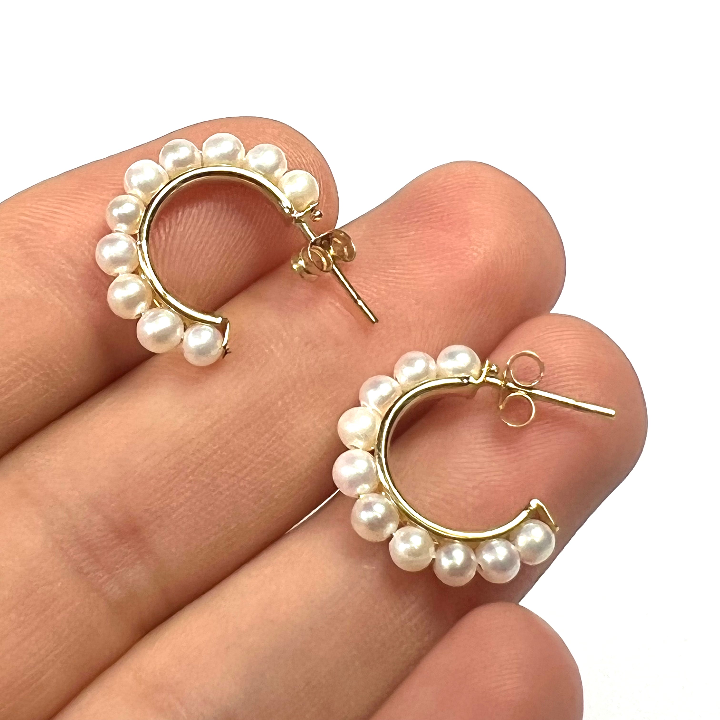 14K Yellow Gold Pearl Half Hoop Earring Studs .70"