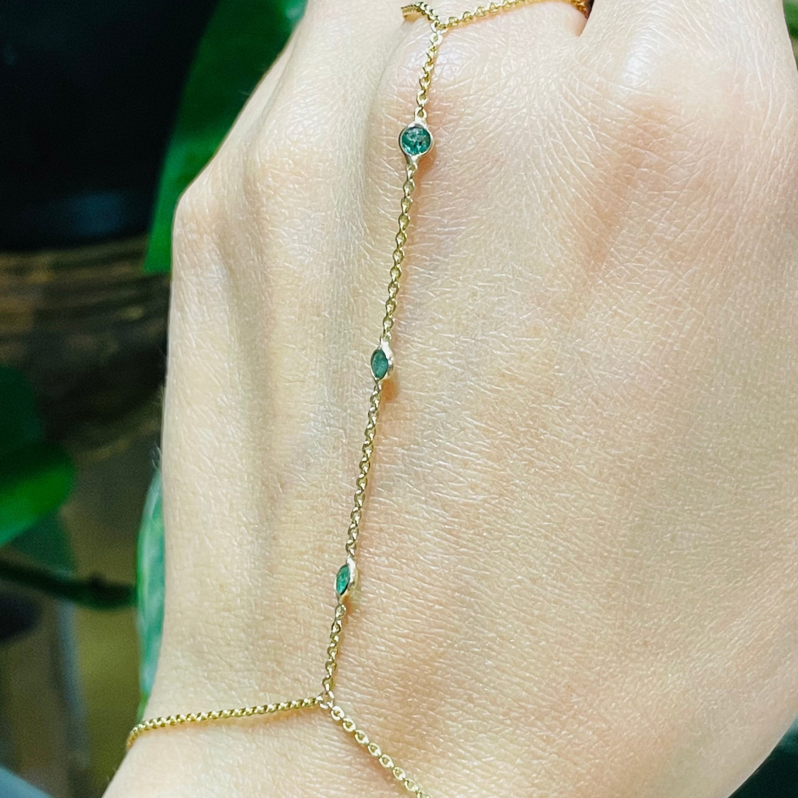 Three Emerald HandChain in solid 14k Yellow Gold