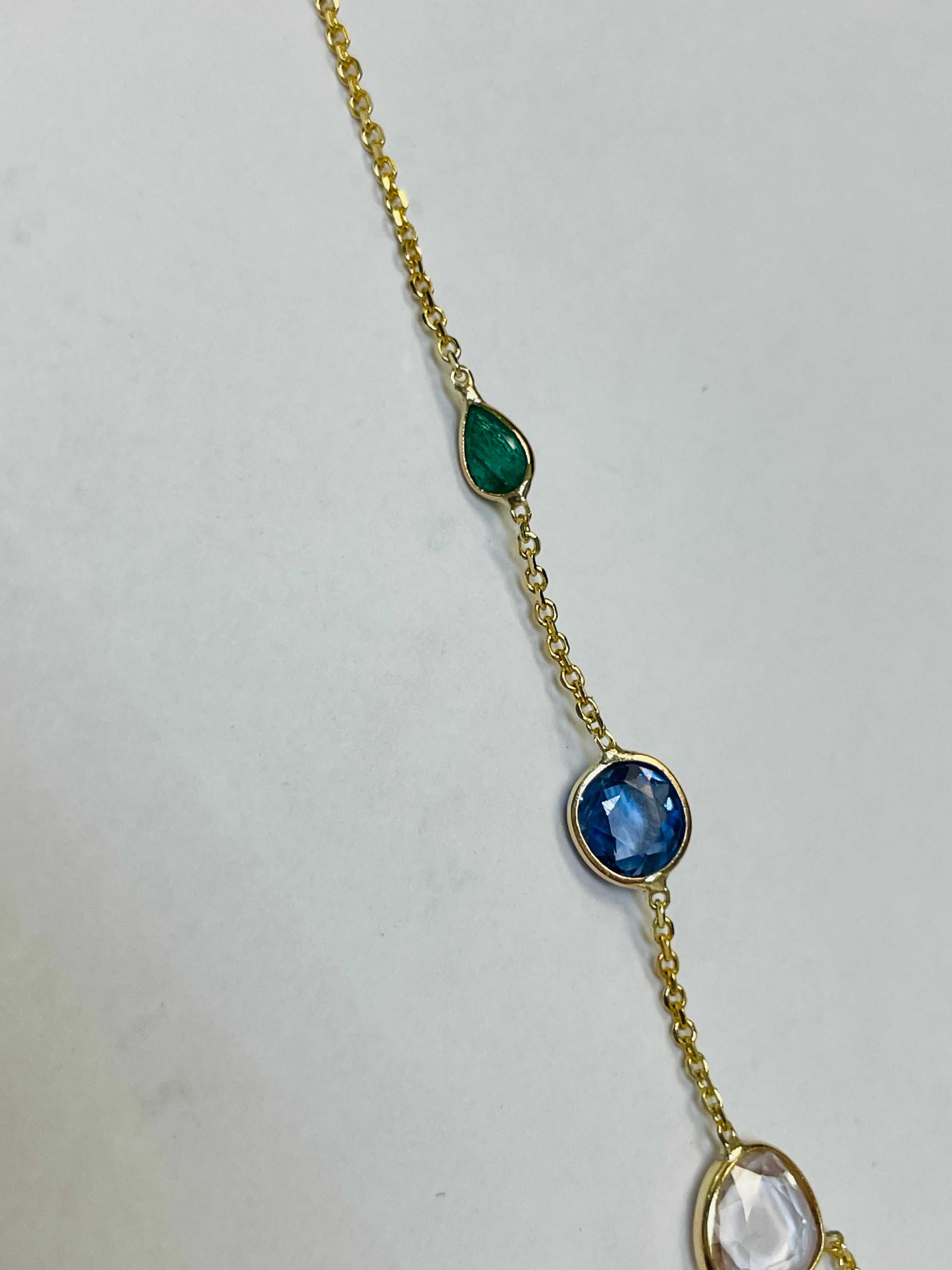 Rose Cut Sapphire, Blue Sapphire and Emerald Hand Chain Solid 14k Yellow Gold