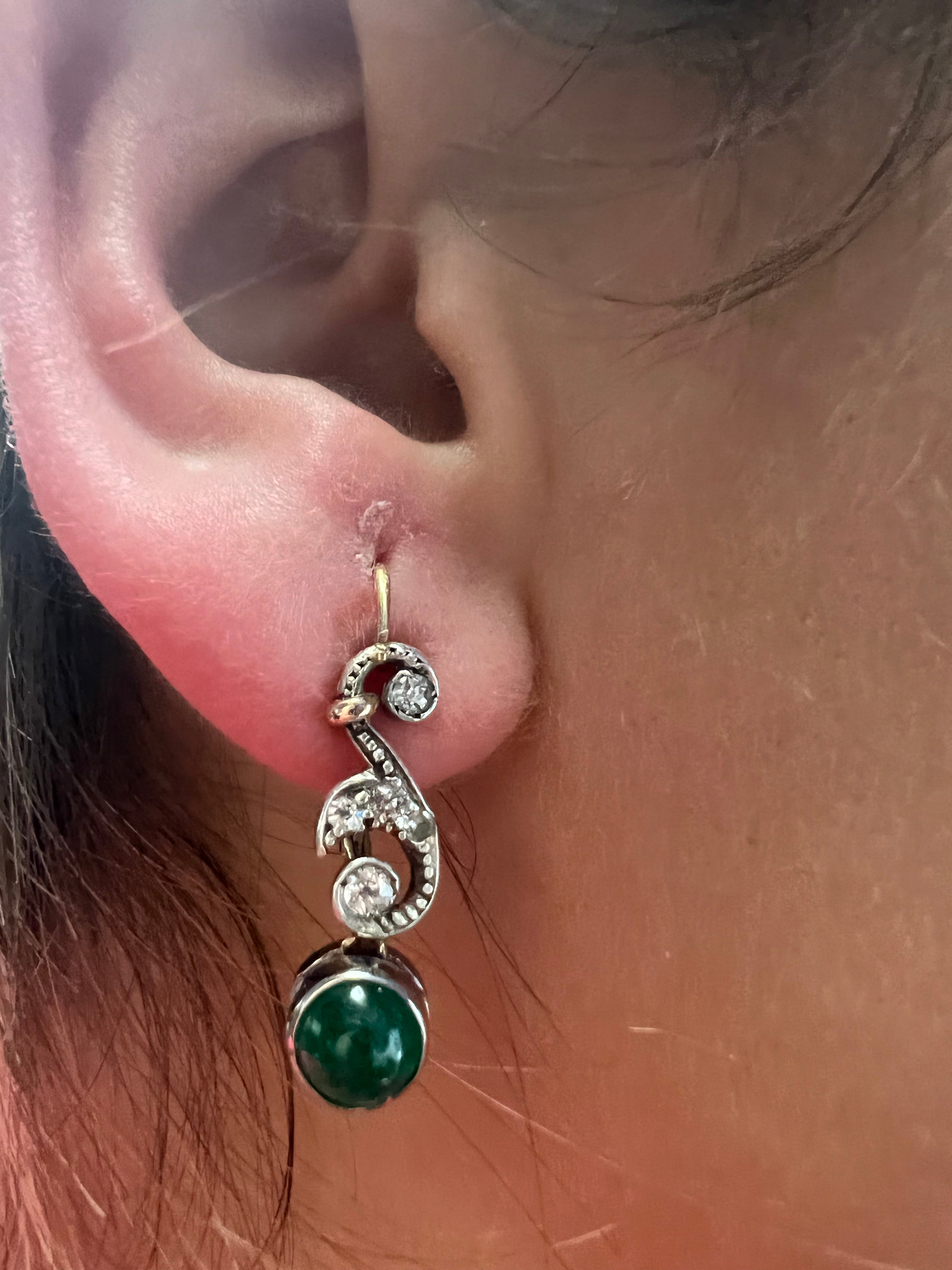 Antique 14K White Gold Diamond & Emerald Dangle Drop Earrings .98'