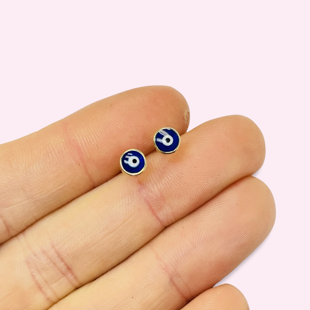 10K Yellow Gold 5mm Blue Evil Eye Stud Earrings