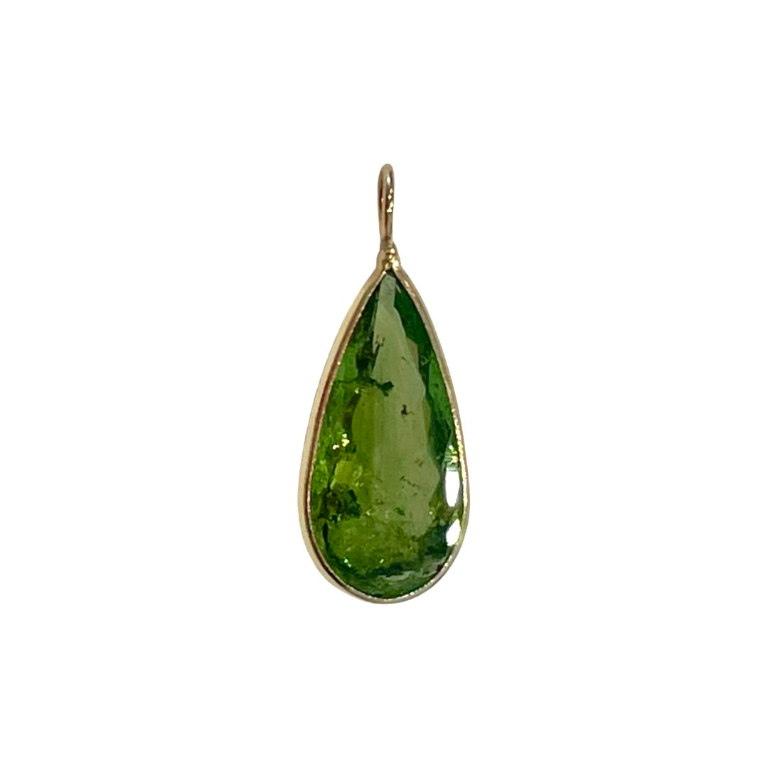 Natural Green Elongated Tourmaline 14K Yellow Gold Pendant Charm 23x9mm