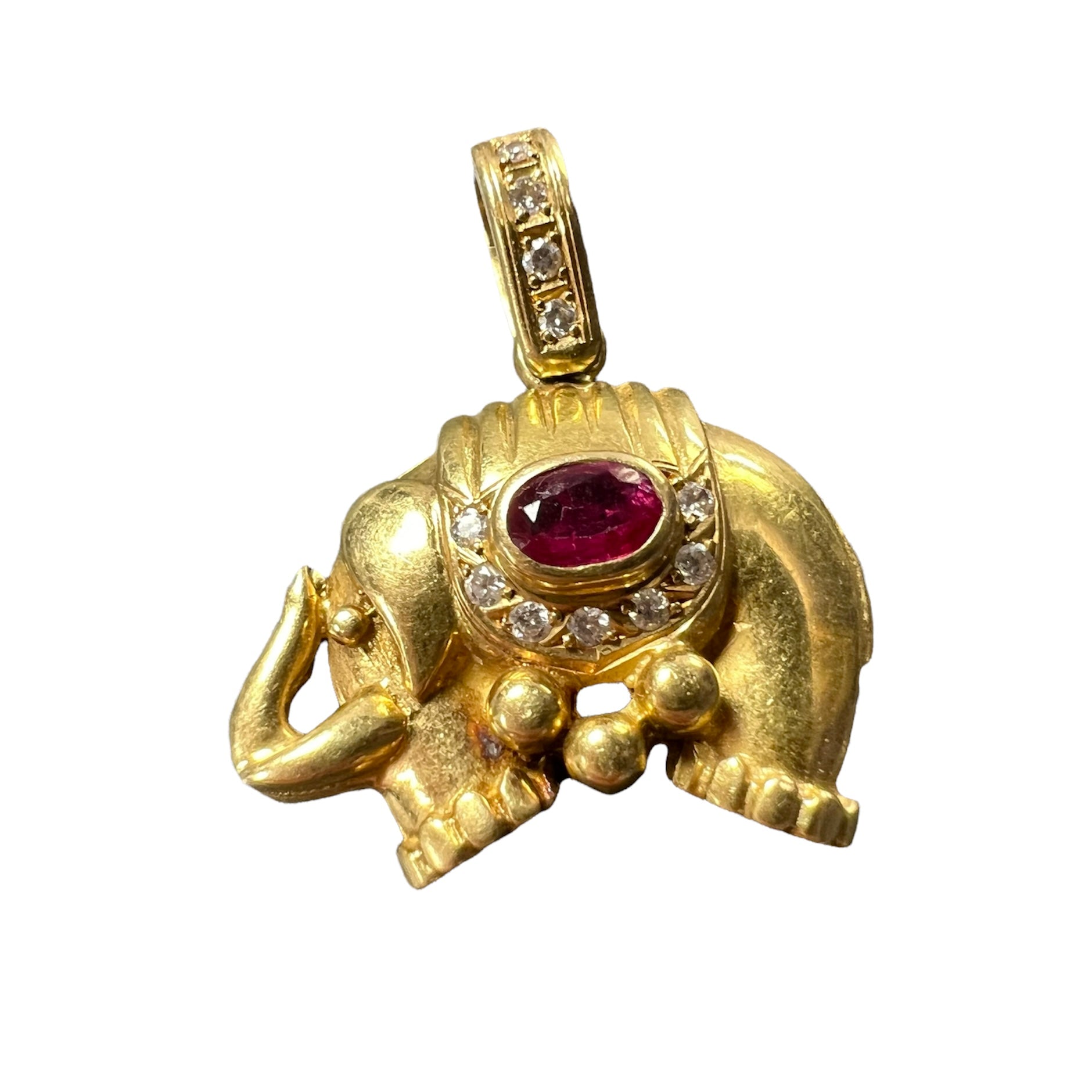 Antique Solid 18K Gold Yellow Gold And Ruby Elephant Pendant 1.05"