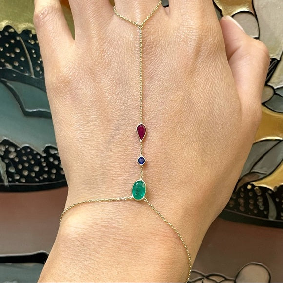Emerald Sapphire Ruby HandChain in solid 14k Yellow Gold