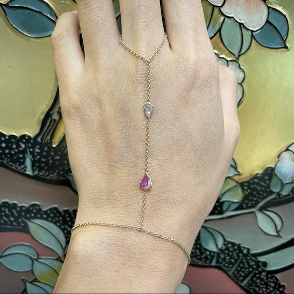 Pink Sapphire and Diamond Rose Cut Hand Chain Bracelet in solid 14k Yellow Gold