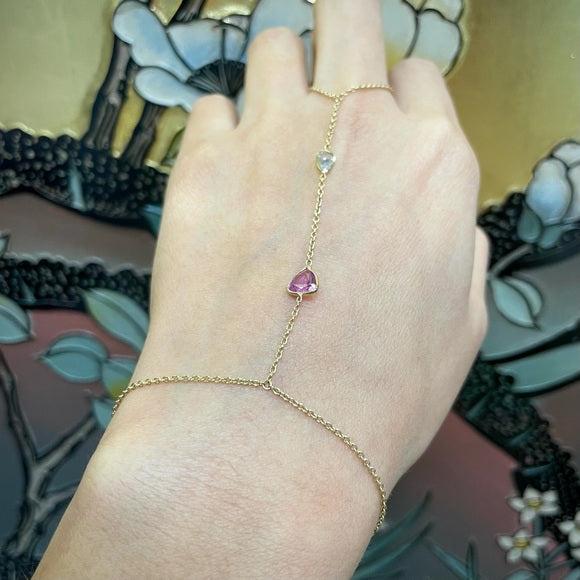 Pink Sapphire and Diamond Rose Cut Hand Chain Bracelet in solid 14k Yellow Gold