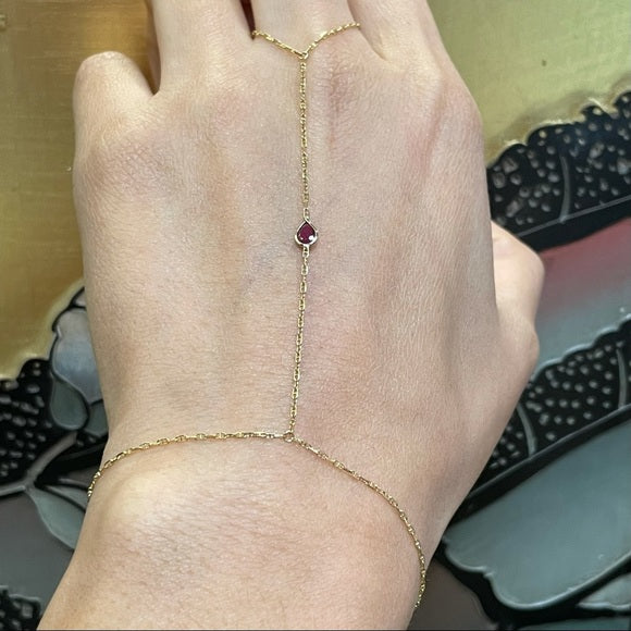 Ruby Hand Chain Bracelet in solid 14k Yellow Gold 5x3.5mm