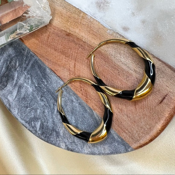 Black Swirl Enamel Earrings In 18K Yellow Gold 2"X1.4"