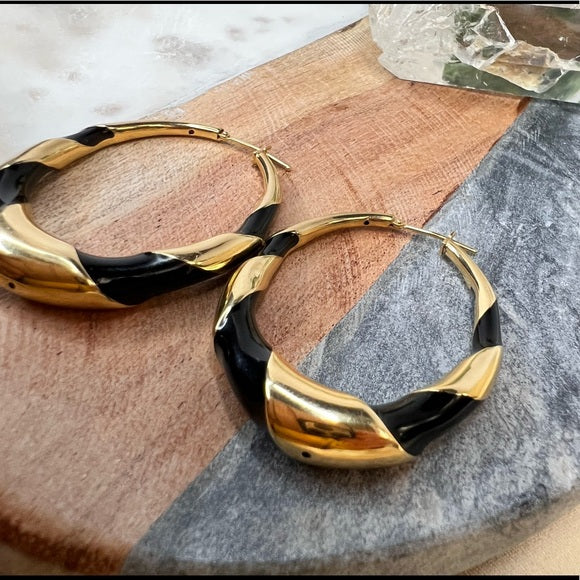 Black Swirl Enamel Earrings In 18K Yellow Gold 2"X1.4"