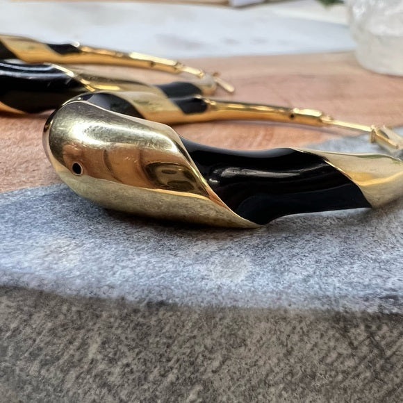 Black Swirl Enamel Earrings In 18K Yellow Gold 2"X1.4"