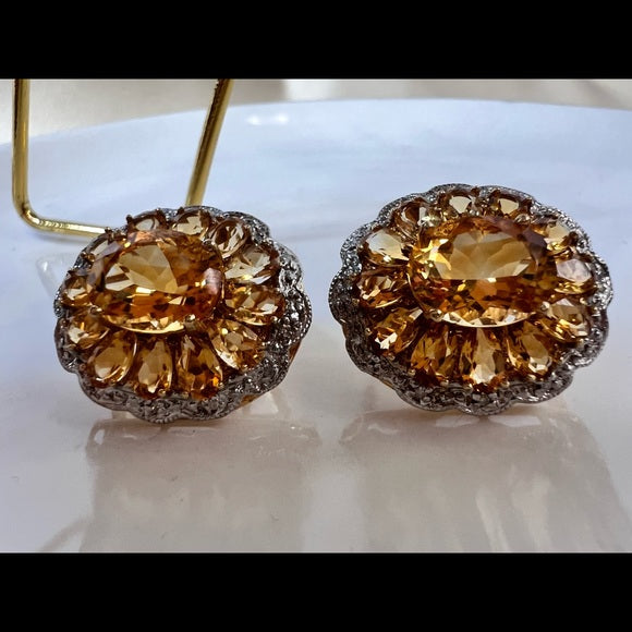 Vintage Citrine Earrings In Solid 14K Yellow Gold With Small Diamonds