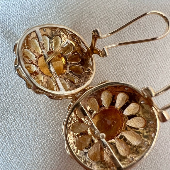Vintage Citrine Earrings In Solid 14K Yellow Gold With Small Diamonds